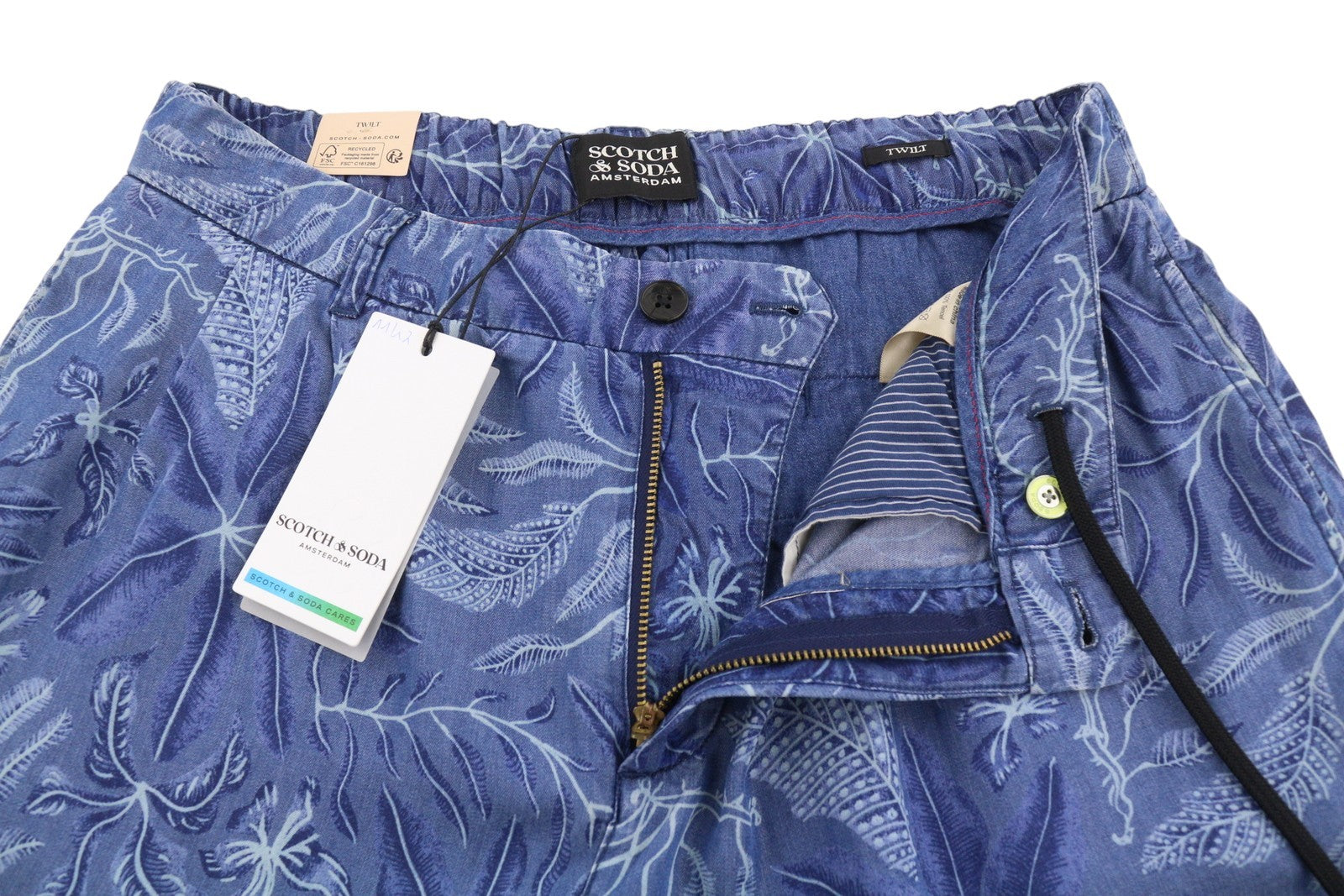 SCOTCH & SODA Twilt Men Shorts W32 Blue Leafs Pattern Loose Fit Stretch Tencel