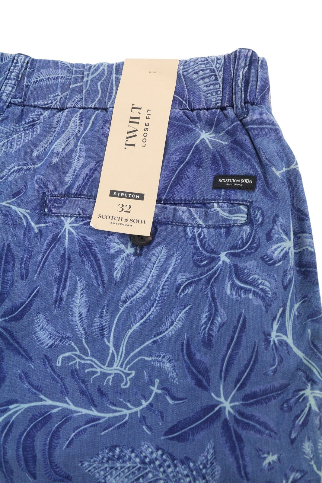 SCOTCH & SODA Twilt Men Shorts W32 Blue Leafs Pattern Loose Fit Stretch Tencel