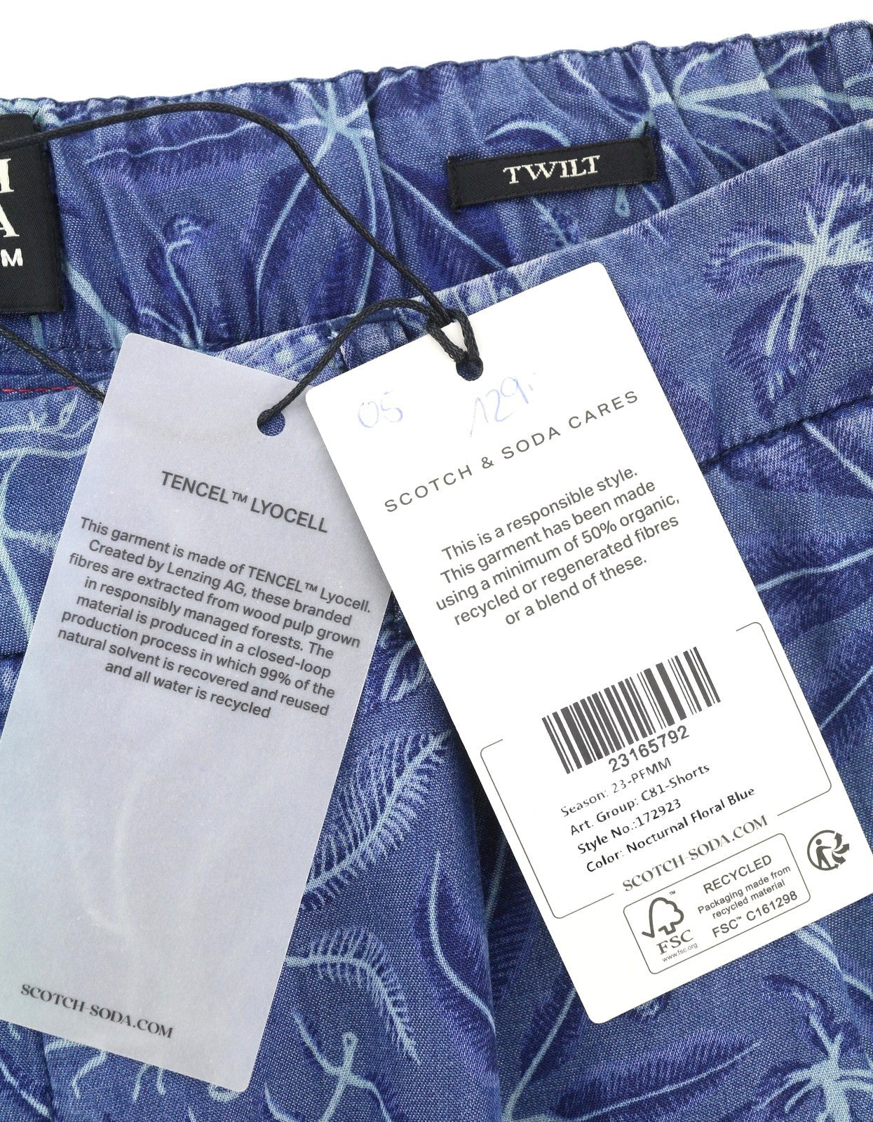 SCOTCH & SODA Twilt Men Shorts W32 Blue Leafs Pattern Loose Fit Stretch Tencel