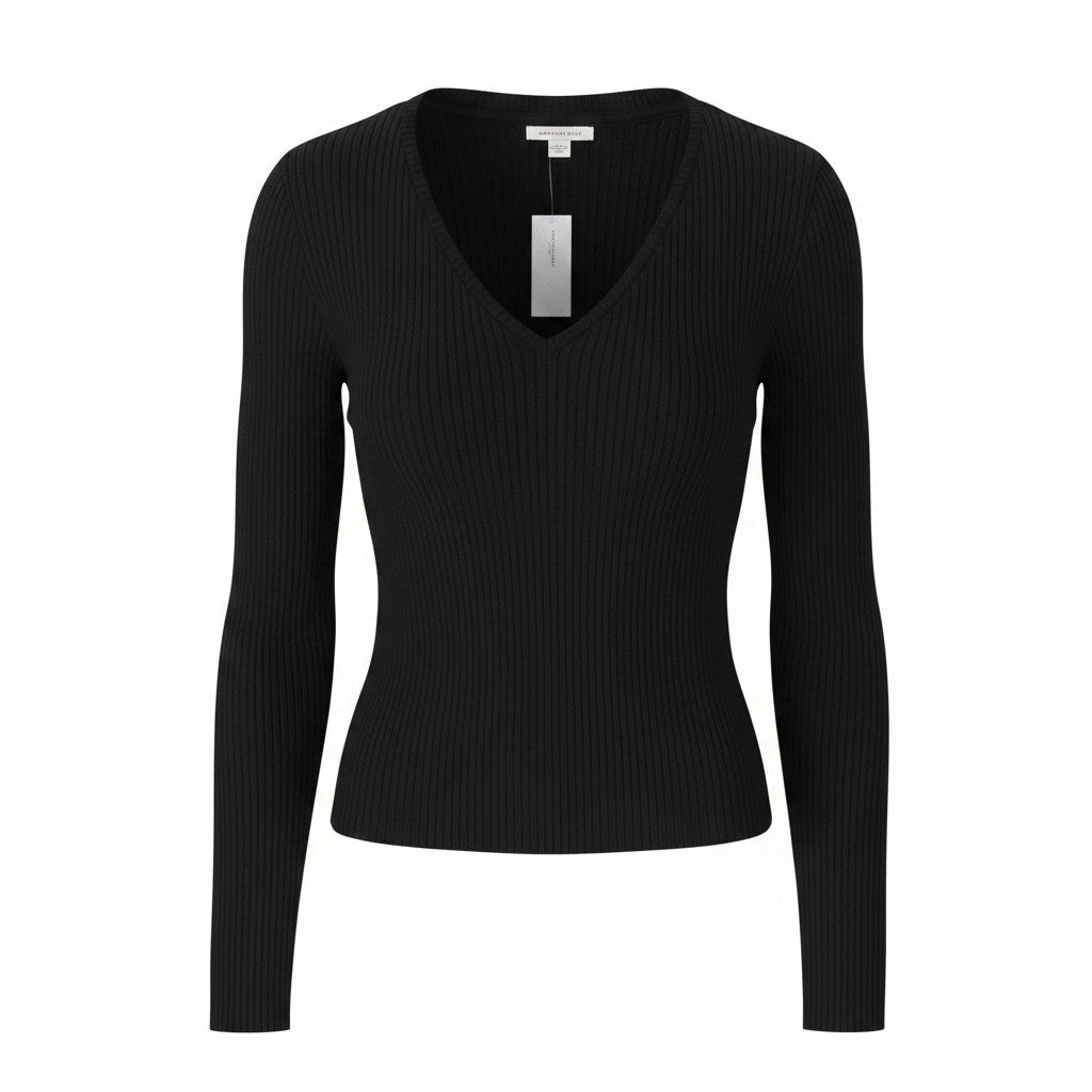 AMERICAN EAGLE OUTFITTERS Women T-Shirt L Black Ribbed V-Neck Long Sleeved