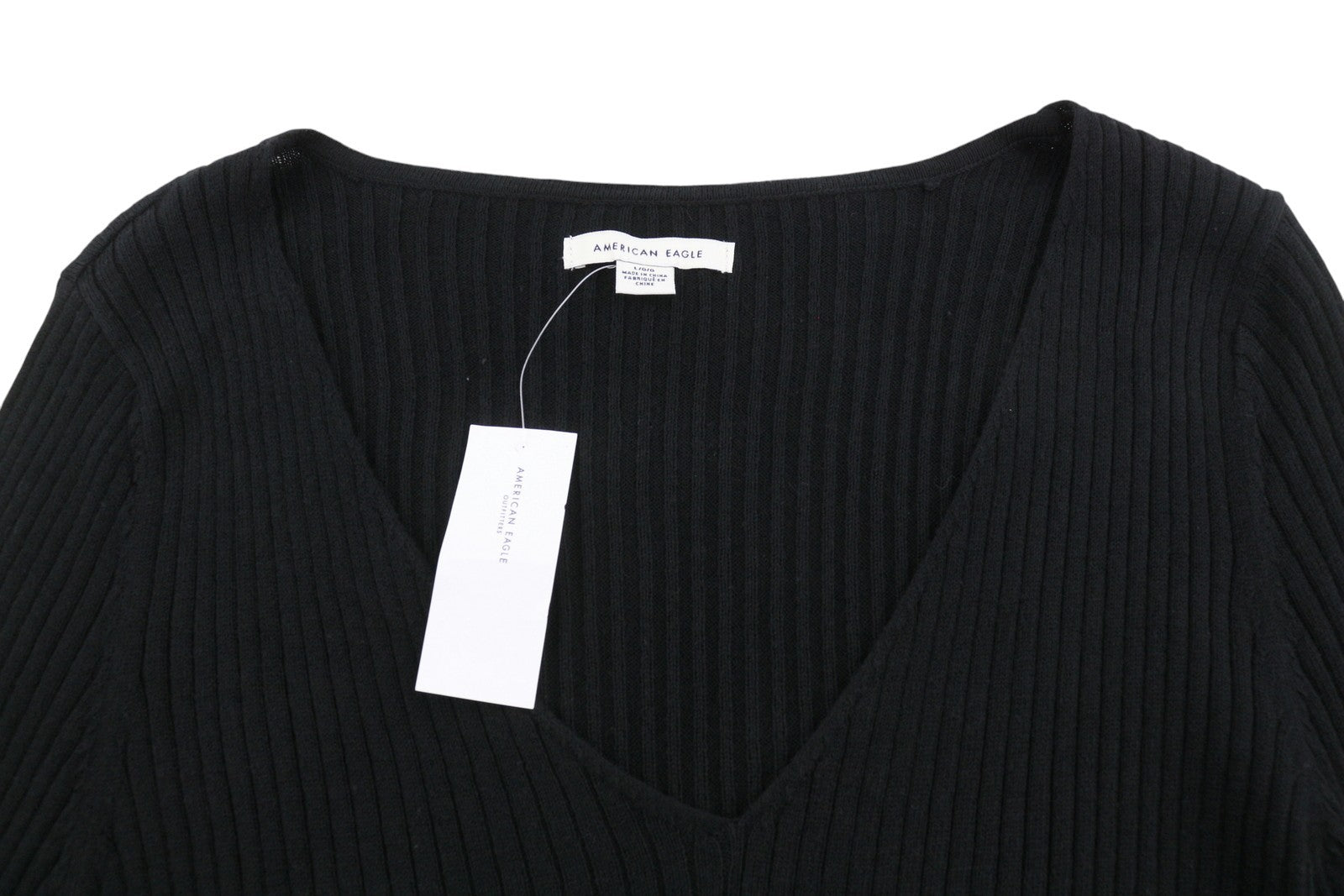 AMERICAN EAGLE OUTFITTERS Women T-Shirt L Black Ribbed V-Neck Long Sleeved