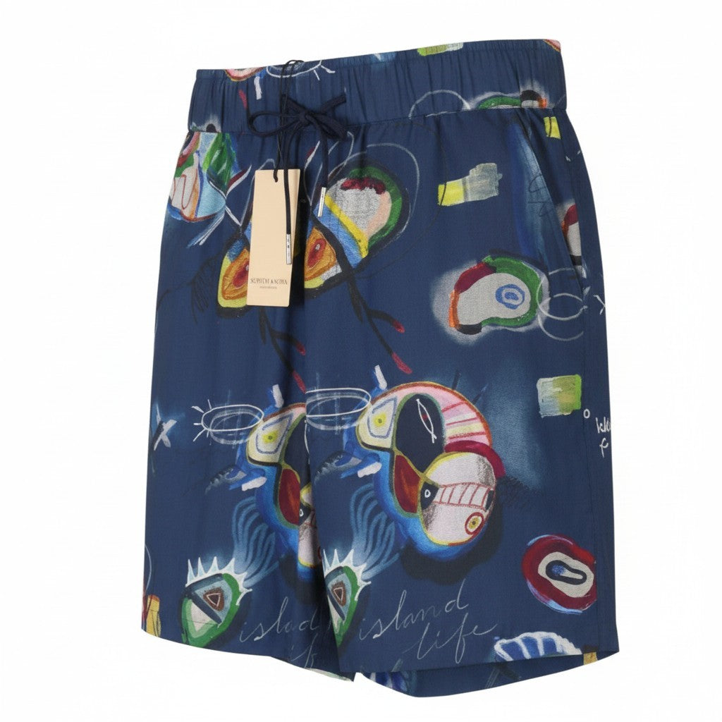 SCOTCH & SODA Men Shorts M W30 Blue Patterned Relaxed Drawstring Waist Tencel