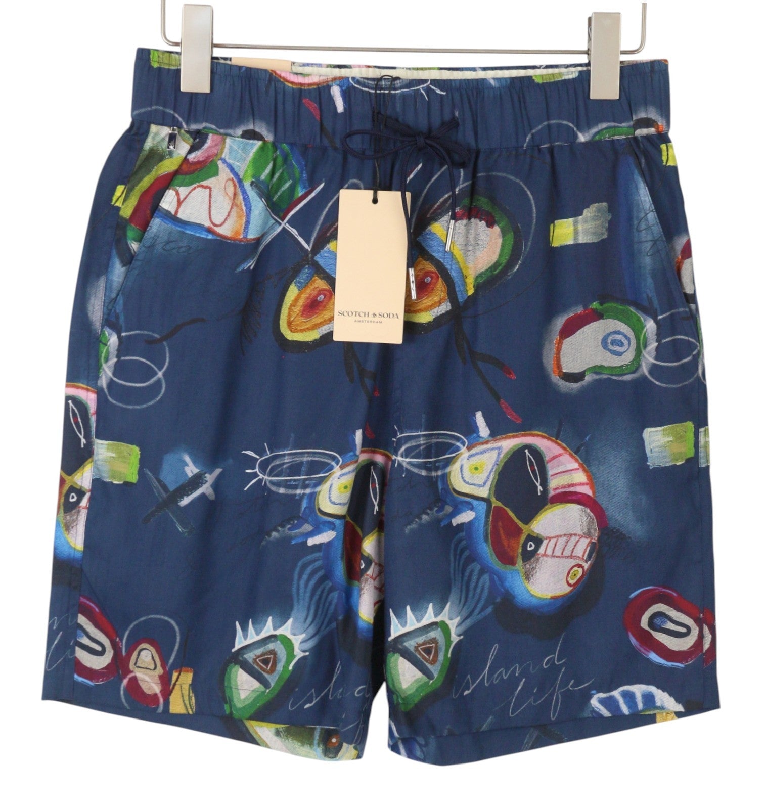 SCOTCH & SODA Men Shorts M W30 Blue Patterned Relaxed Drawstring Waist Tencel