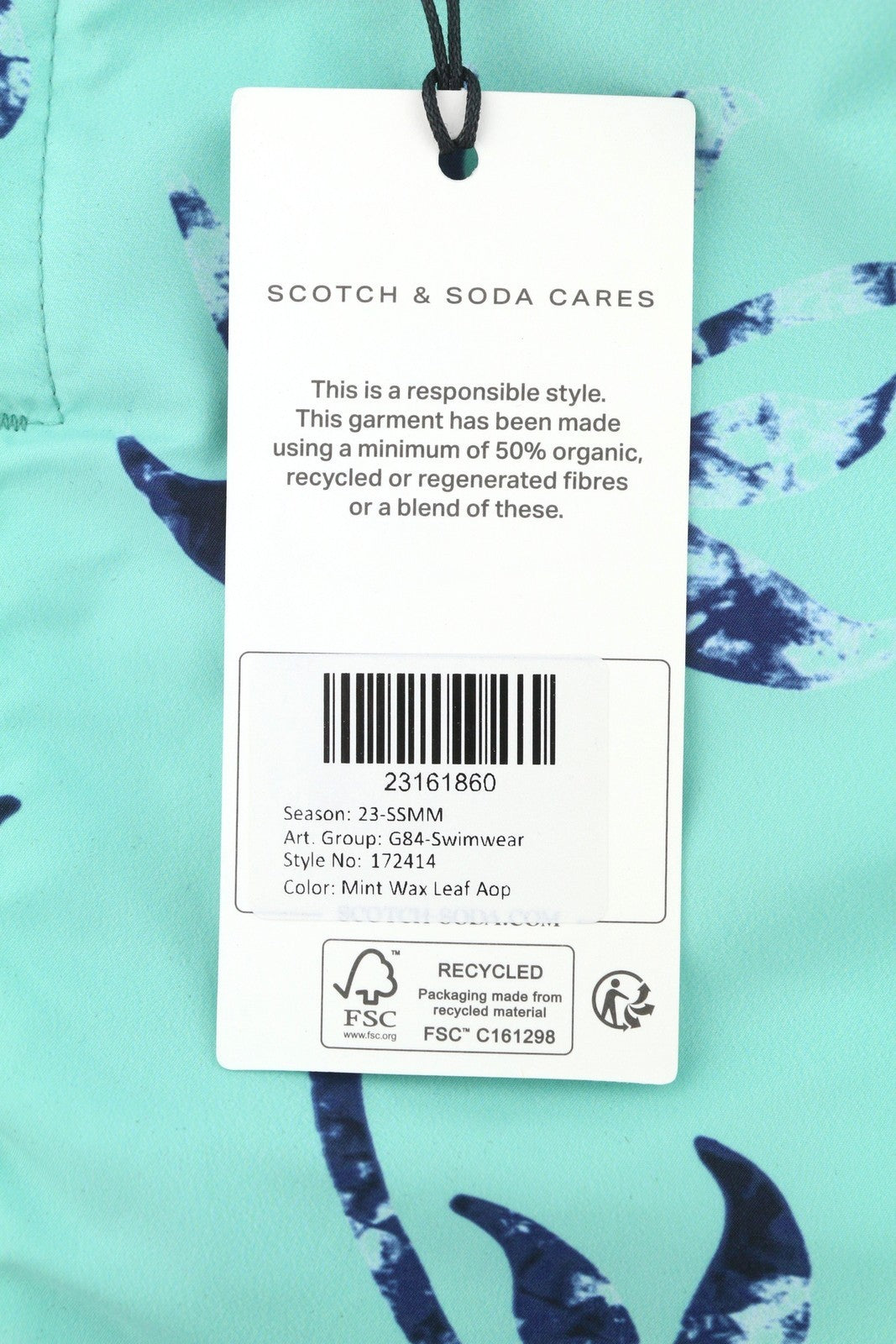 SCOTCH & SODA Men Swimwear W31 Blue Mint Wax Leaf Print Drawstring Waist