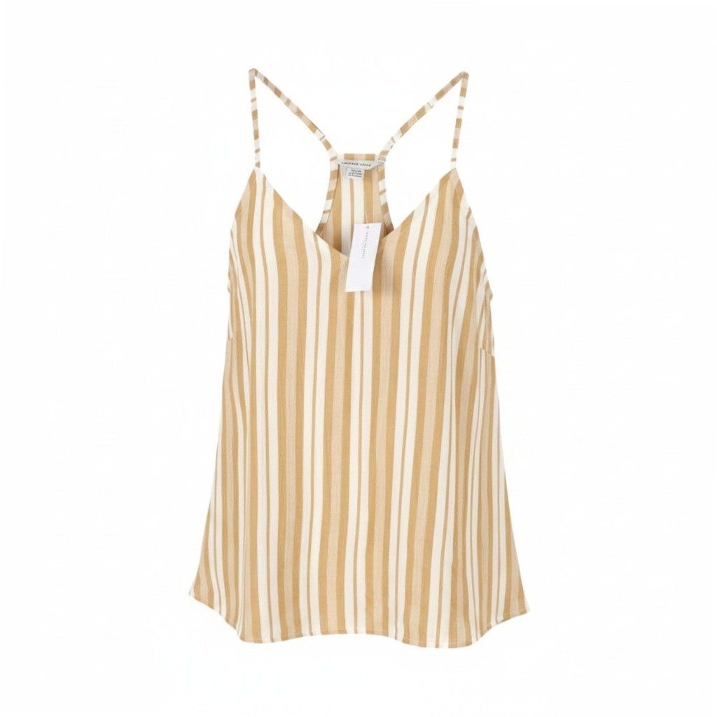 AMERICAN EAGLE OUTFITTERS Women T-Shirt M Beige Stripe V-Neck Sleeveless