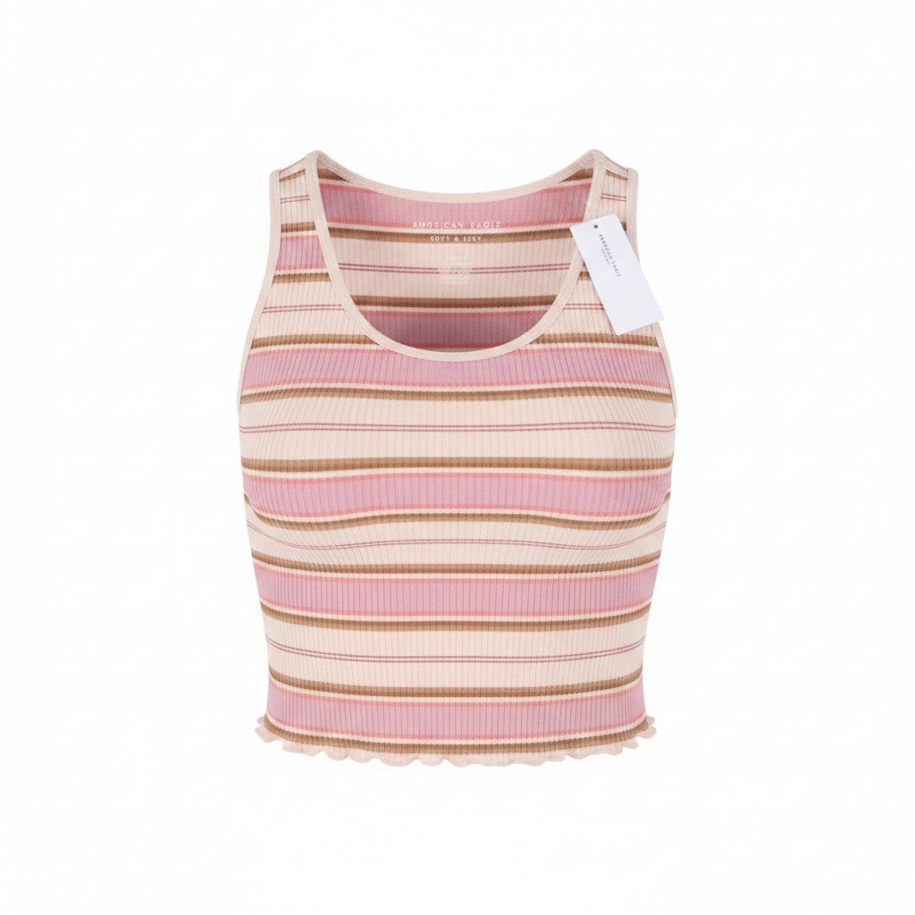 AMERICAN EAGLE OUTFITTERS Women T-Shirt M Pink Stripe Ribbed Cropped Sleeveless