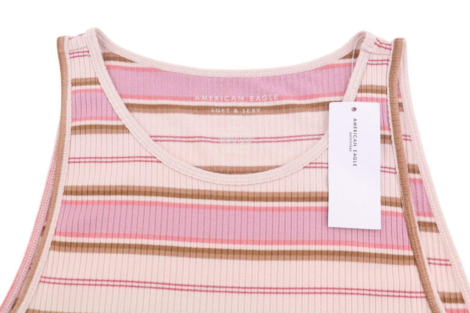 AMERICAN EAGLE OUTFITTERS Women T-Shirt M Pink Stripe Ribbed Cropped Sleeveless
