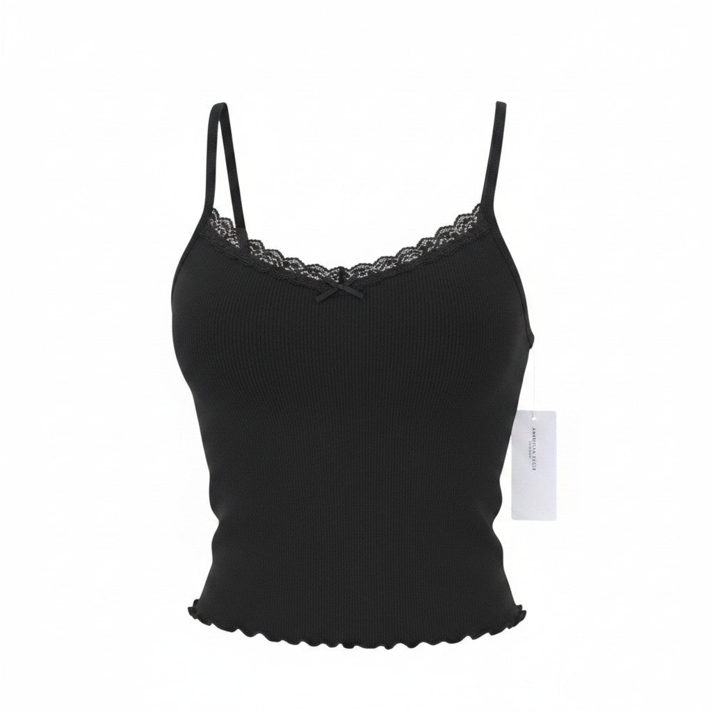 AMERICAN EAGLE OUTFITTERS Women T-Shirt S Black Lace Trim Cropped Sleeveless