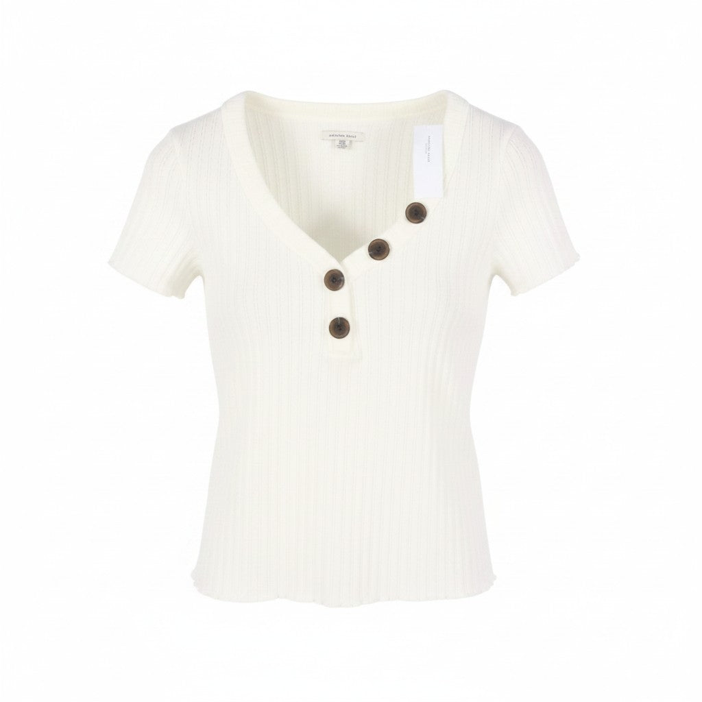 AMERICAN EAGLE OUTFITTERS Women T-Shirt M White Ribbed V-Neck Short Sleeve