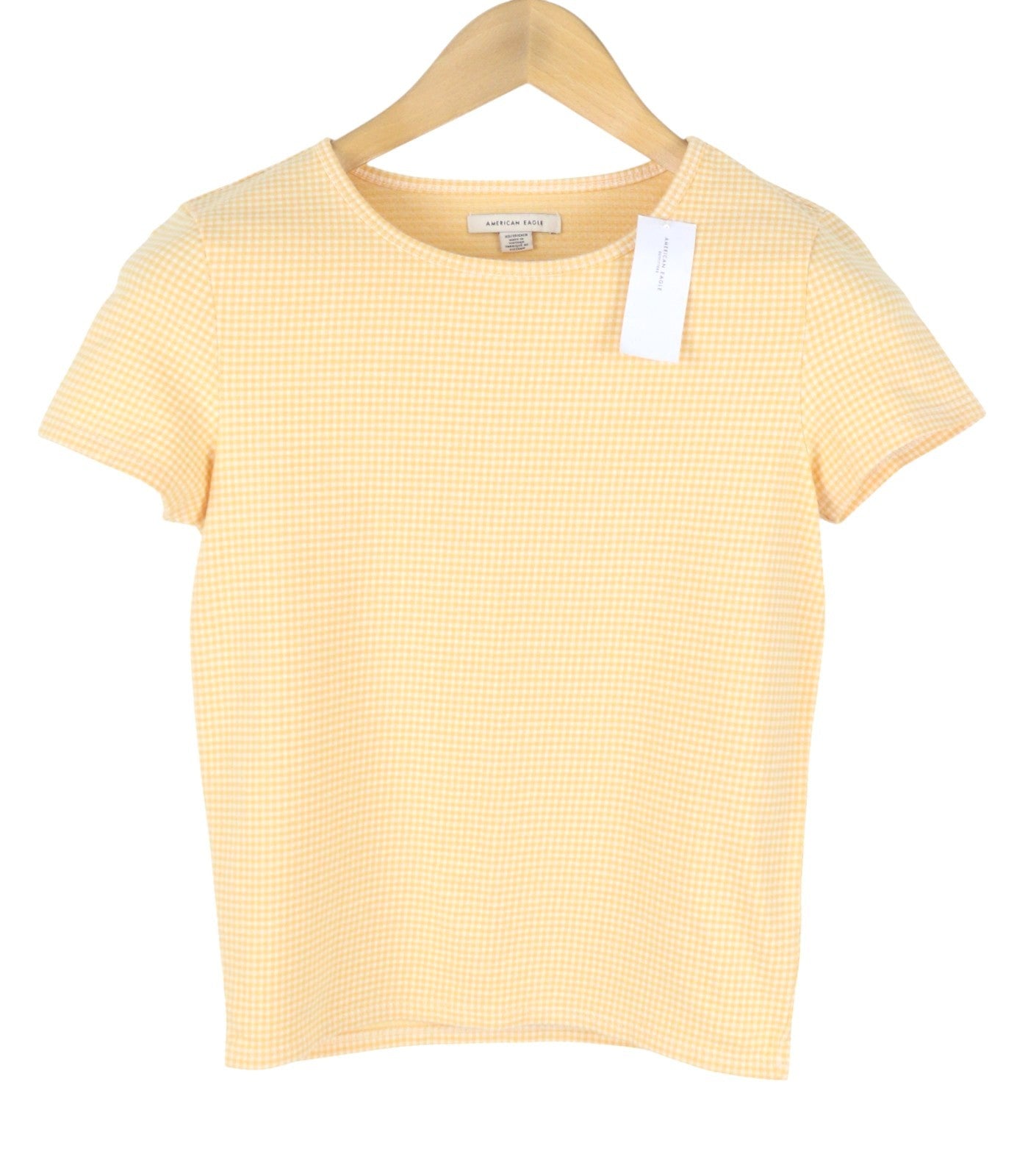 AMERICAN EAGLE OUTFITTERS Women T-Shirt XS Yellow Plaid Crew Neck Short Sleeve