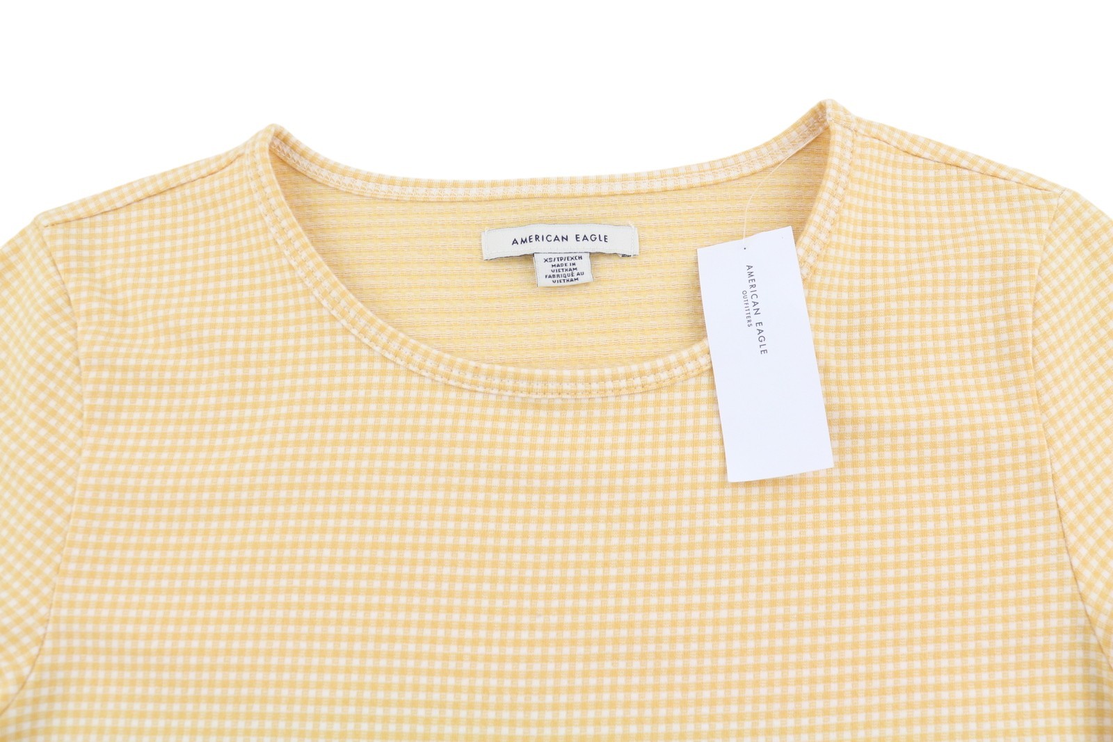 AMERICAN EAGLE OUTFITTERS Women T-Shirt XS Yellow Plaid Crew Neck Short Sleeve