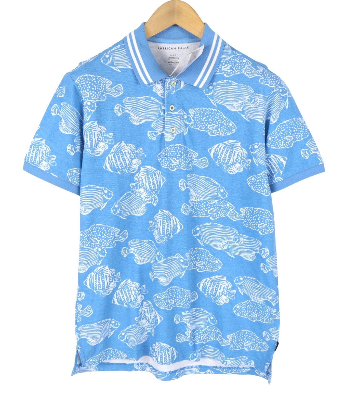 AMERICAN EAGLE OUTFITTERS Standard Fit Men Polos M Blue Fish Print Short Sleeve