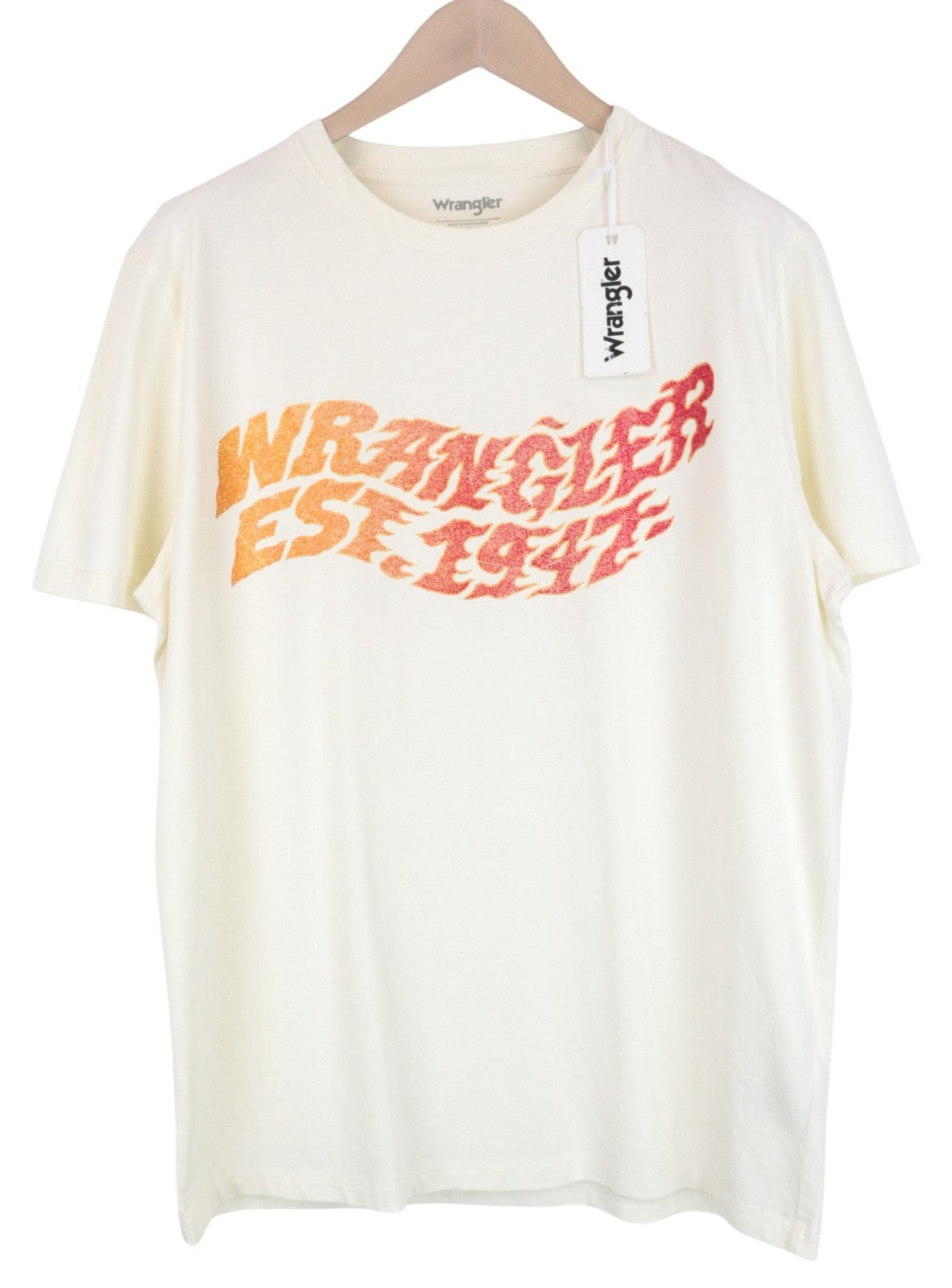 WRANGLER Men T-Shirt M Off-White Pure Cotton Short Sleeved Pull On Logo Print