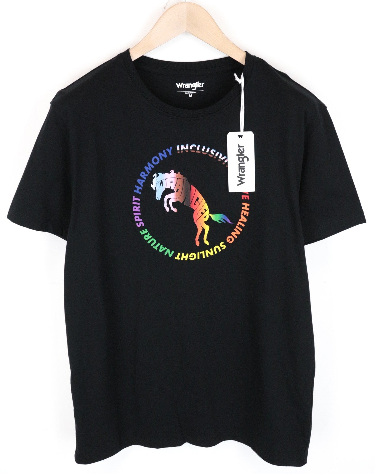 WRANGLER Men T-Shirt M Black Pure Cotton Short Sleeve Pull On Rainbow Logo