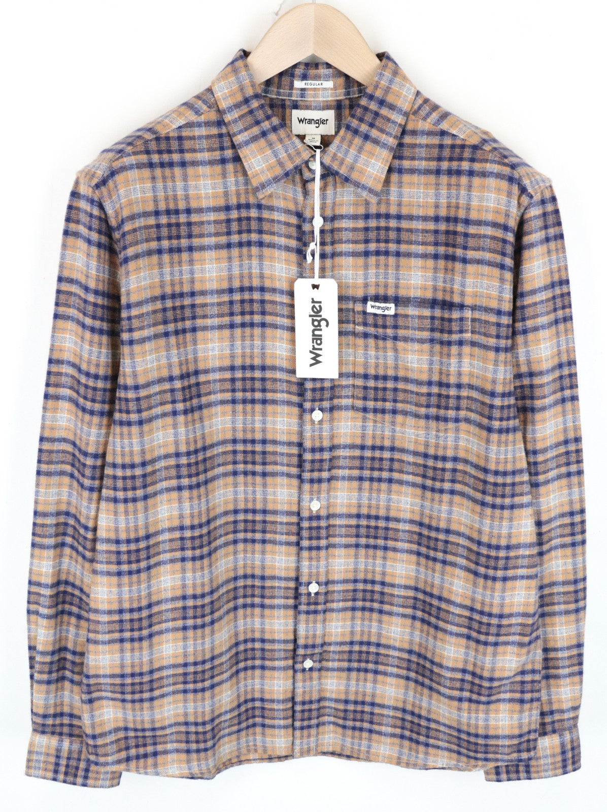 WRANGLER Men Shirt M Light Brown Pure Cotton Checked Long Sleeved Button-Up