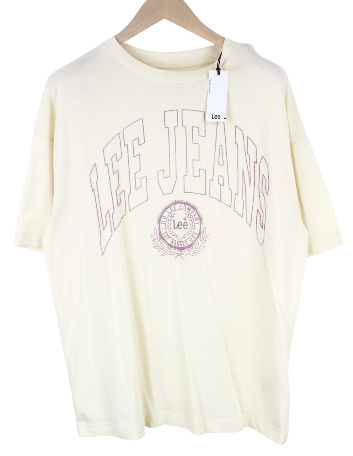 LEE Women T-Shirt S Relaxed Fit Ecru Crew Neck Super Loose Logo Jersey Graphic