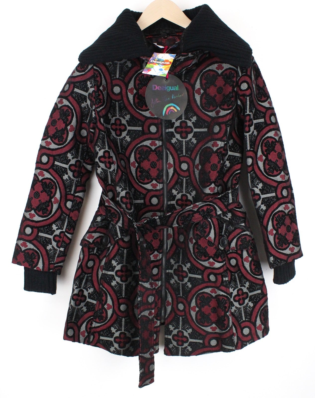 DESIGUAL Sagitario Women Coat ~EU38 Red Jacquard Collared Embroidery Designer~