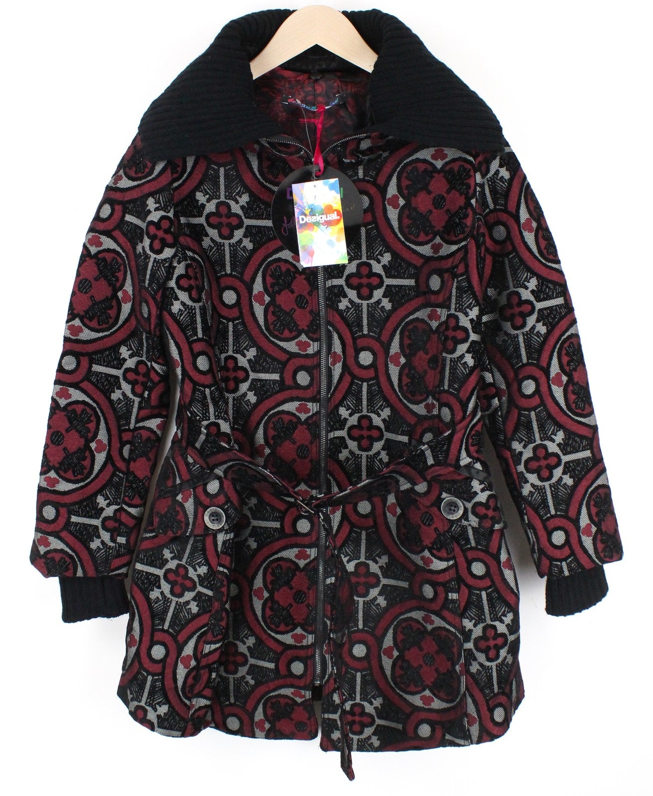 DESIGUAL Sagitario Women Coat ~EU38 Jacquard Embroidered Designer Red Melange~