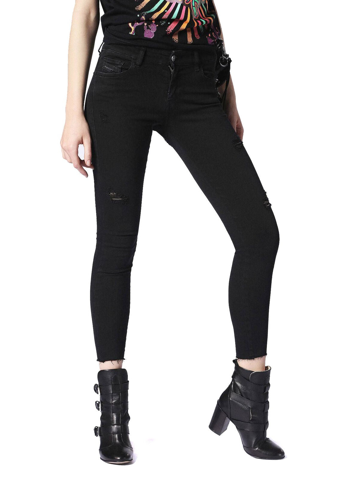 DIESEL Slandy-Ankle 084EX Women Jeans W27/L32 Super Slim Skinny Black Ripped
