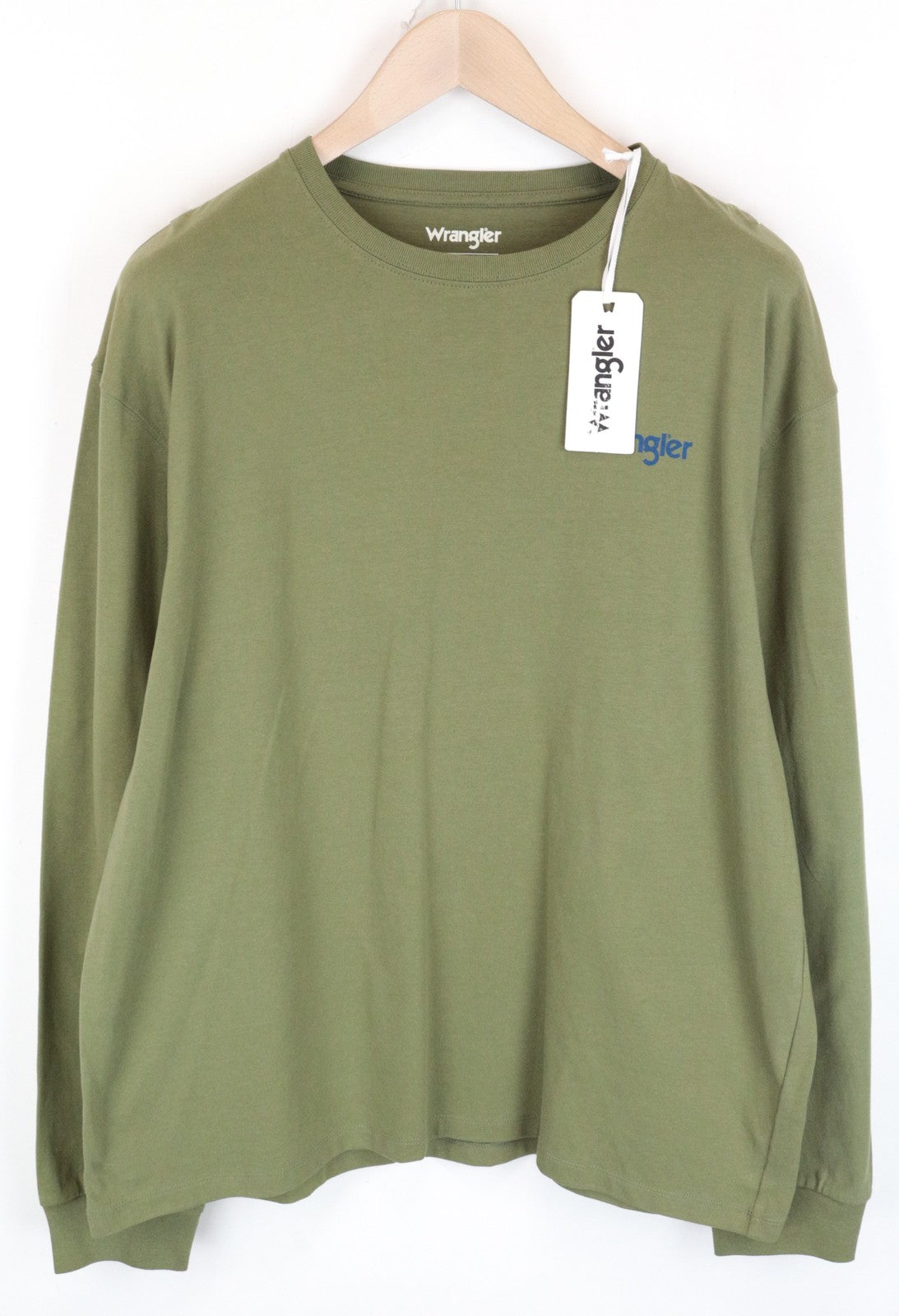 WRANGLER Men T-Shirt M Green Pure Cotton Casey Jones Back Logo Long Sleeved