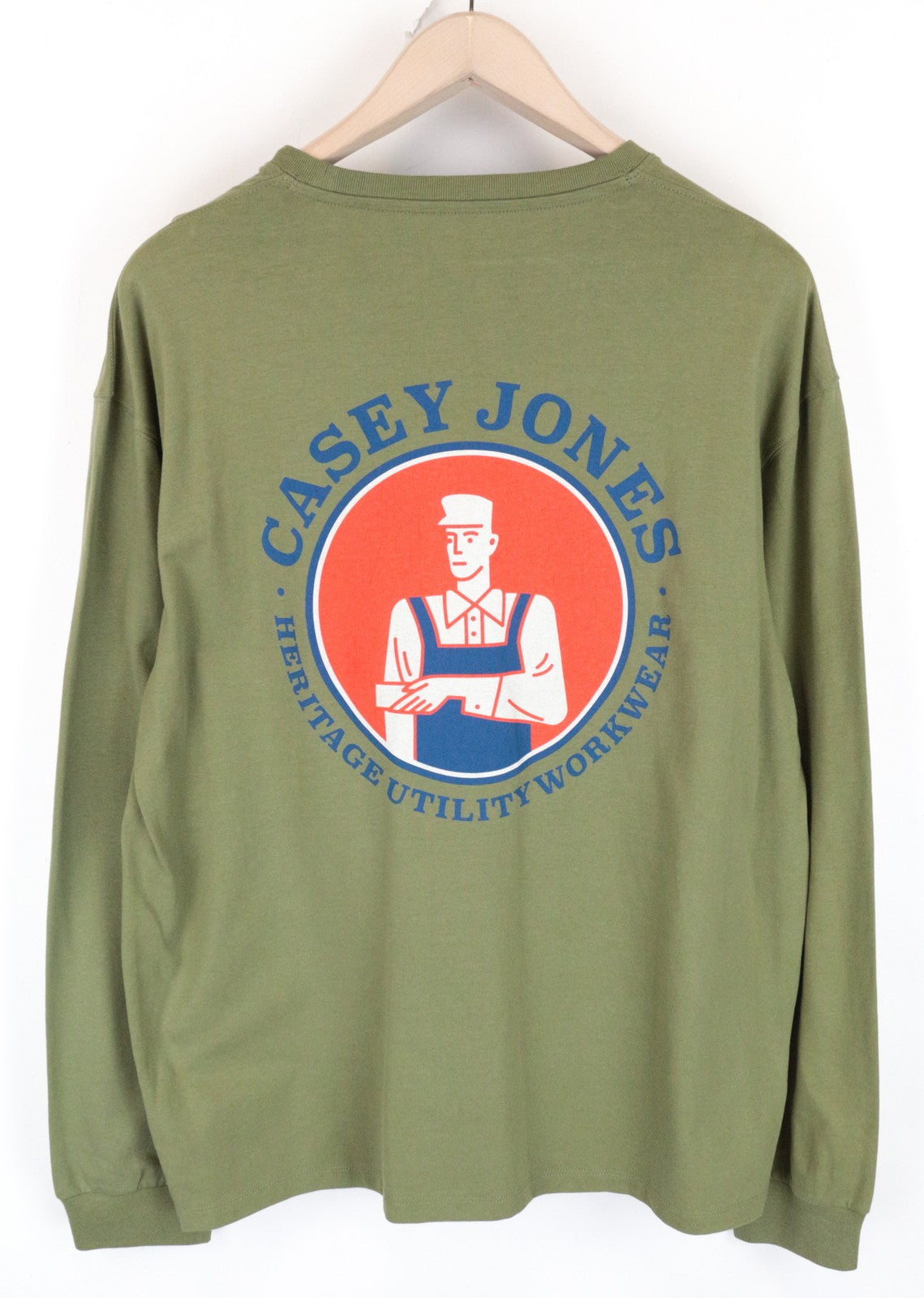WRANGLER Men T-Shirt M Green Pure Cotton Casey Jones Back Logo Long Sleeved