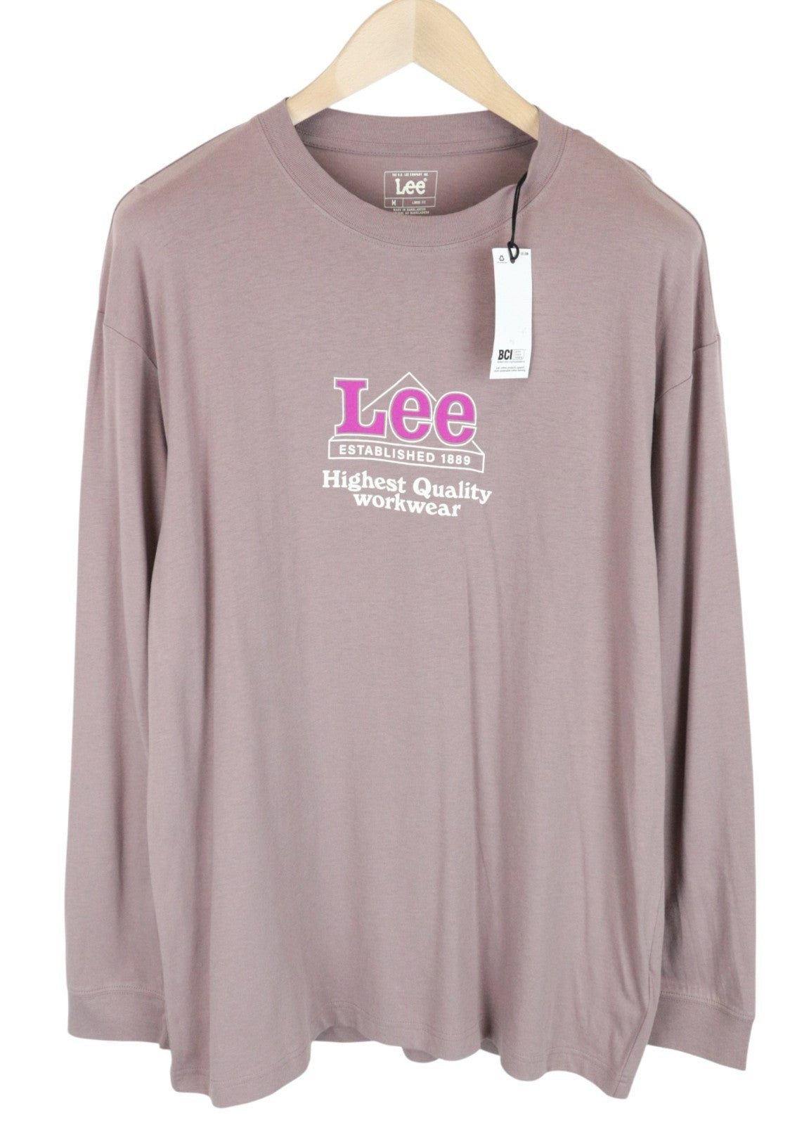 LEE Men T-Shirt M Washed Purple Pure Cotton Loose Fit Long Sleeved Pull On