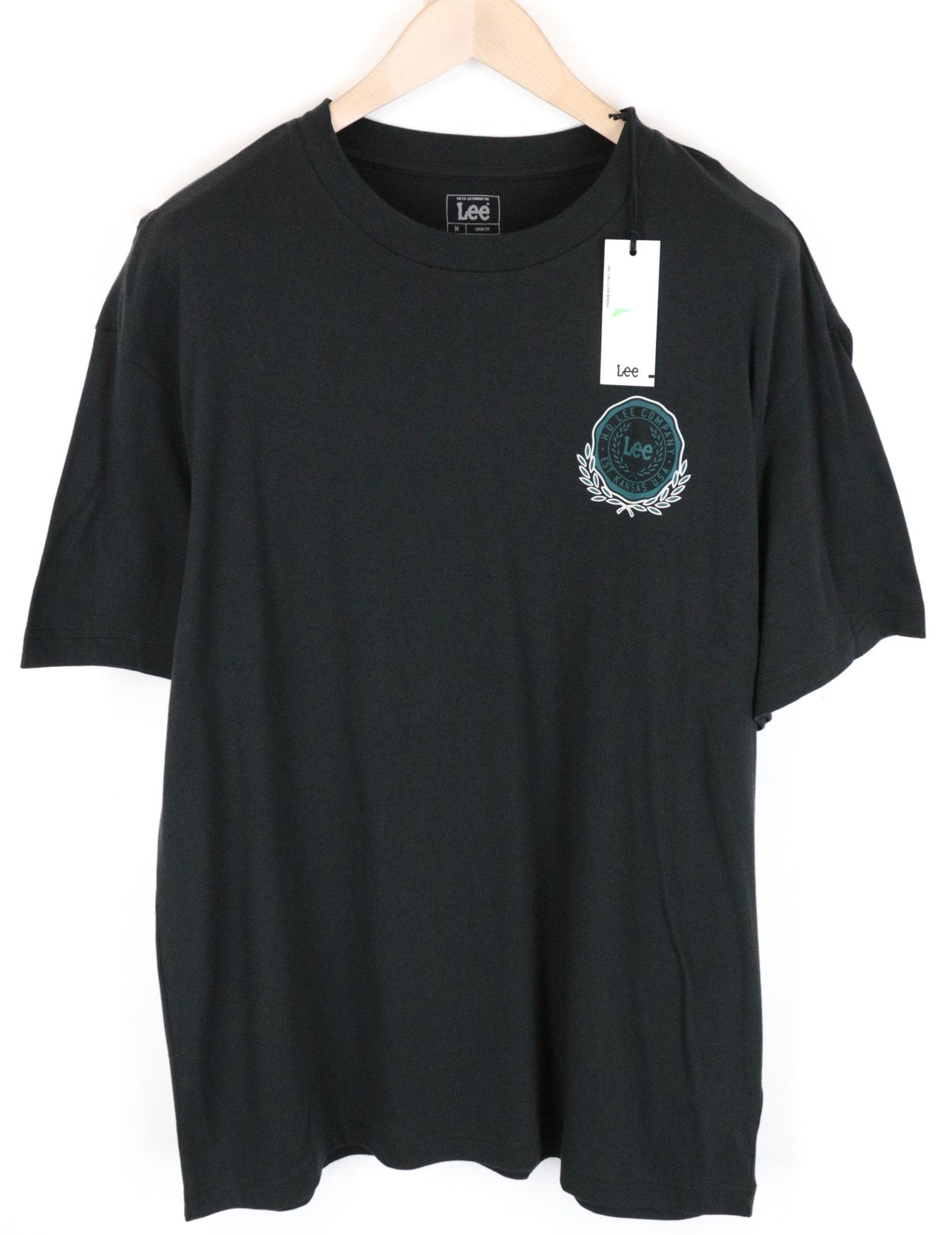 LEE Men T-Shirt M Washed Black Pure Cotton Loose Fit Short Sleeved Pull On