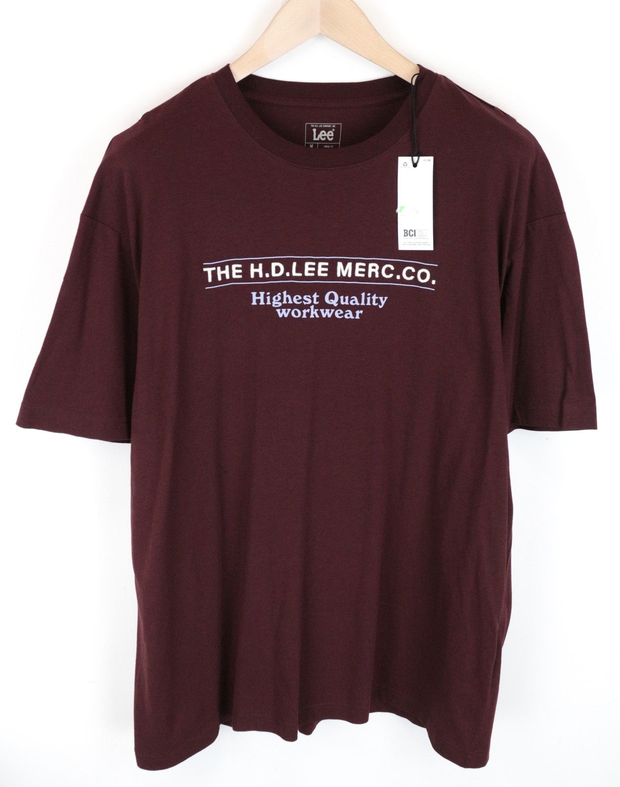 LEE Men T-Shirt M Burgundy Red Pure Cotton Loose Fit Short Sleeved Pull On