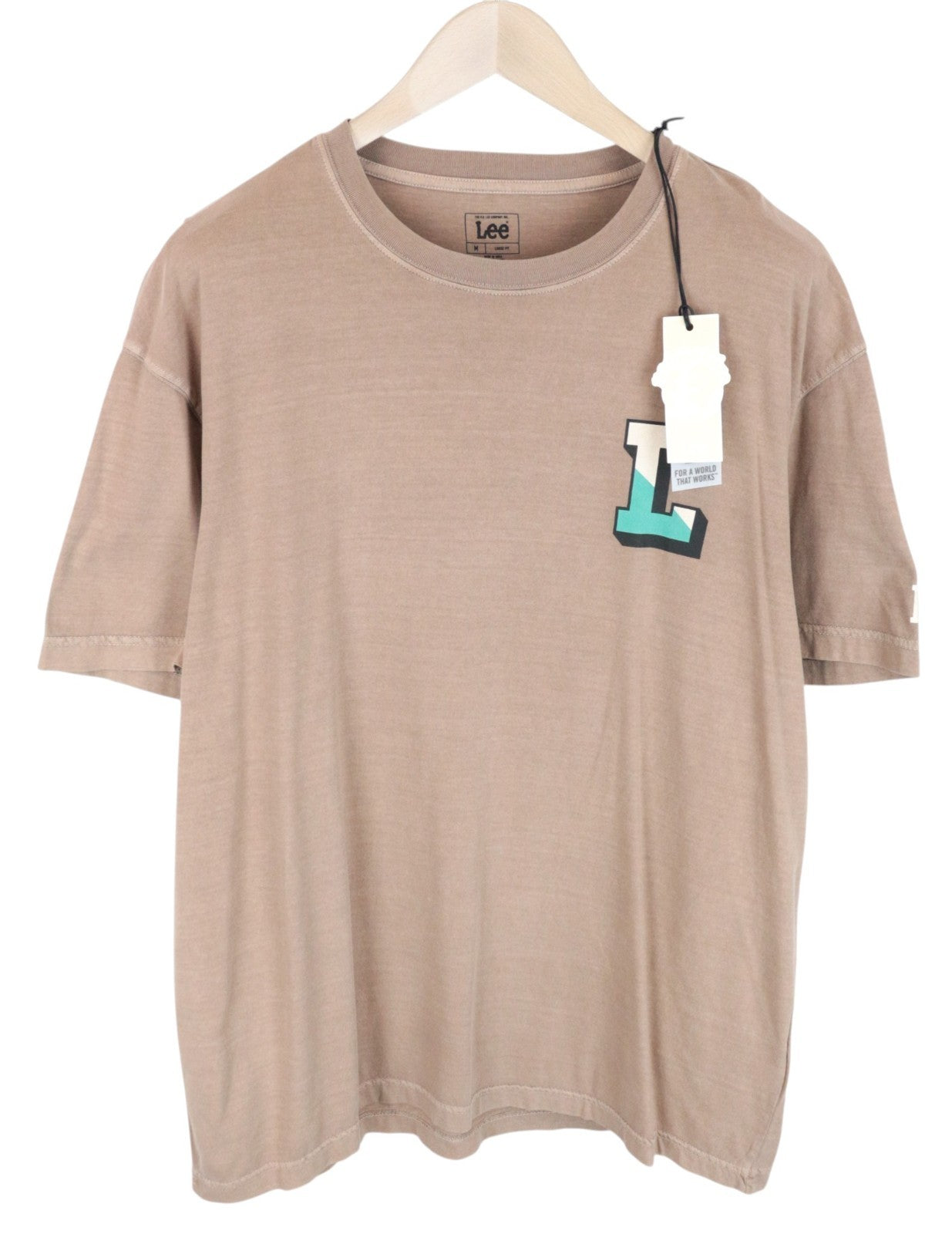 LEE Men T-Shirt M Short Sleeved Light Brown Logo Pure Cotton Loose Fit