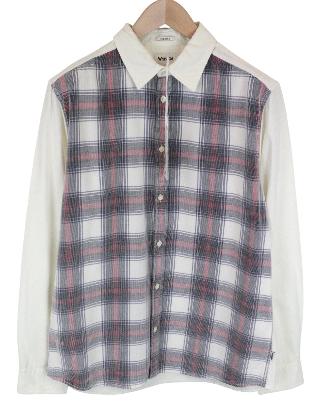 WRANGLER Men Shirt M Long Sleeved Off-White Cotton Checked Corduroy Button-Up