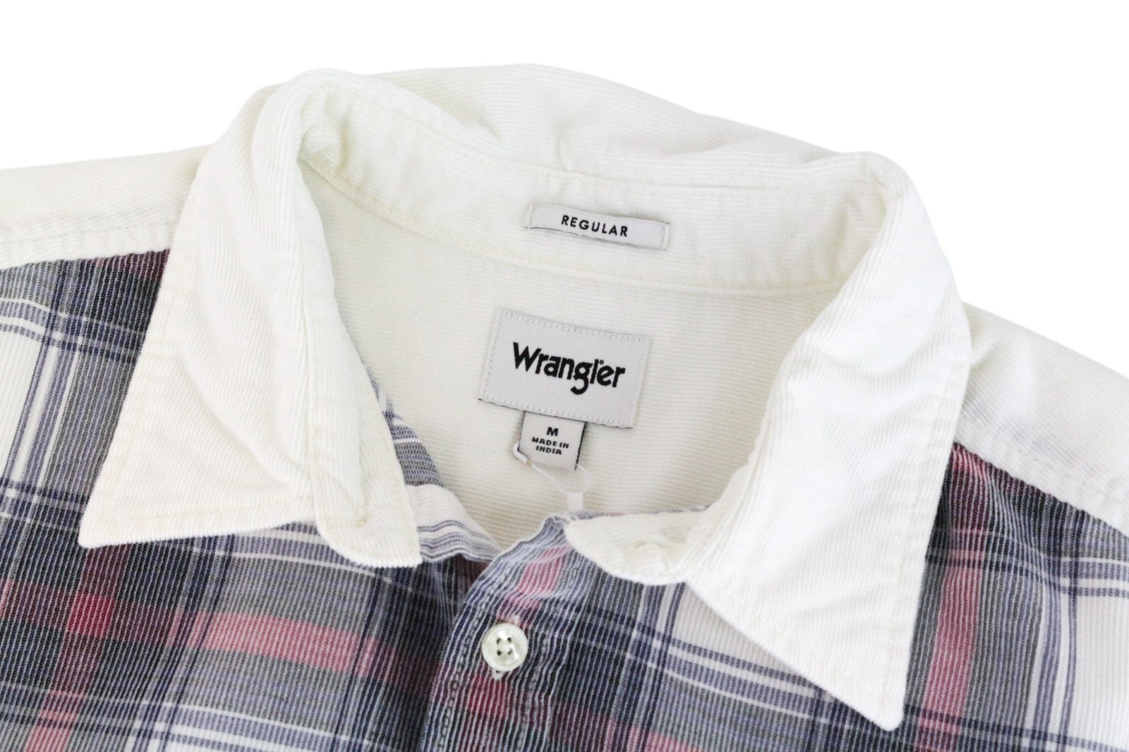 WRANGLER Men Shirt M Long Sleeved Off-White Cotton Checked Corduroy Button-Up