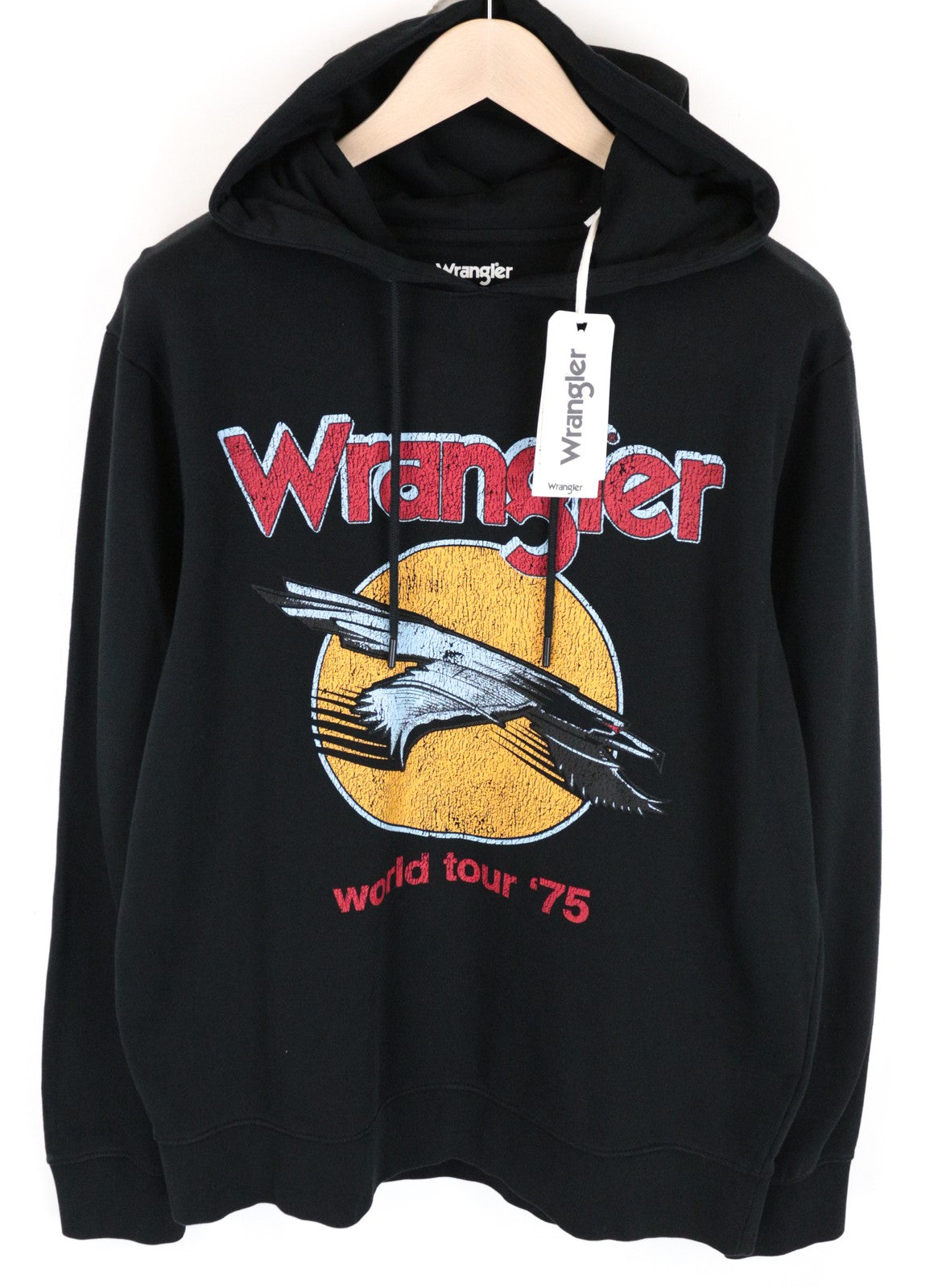WRANGLER Men Sweatshirt M Black Pure Cotton Printed Logo Pull On Hoodie