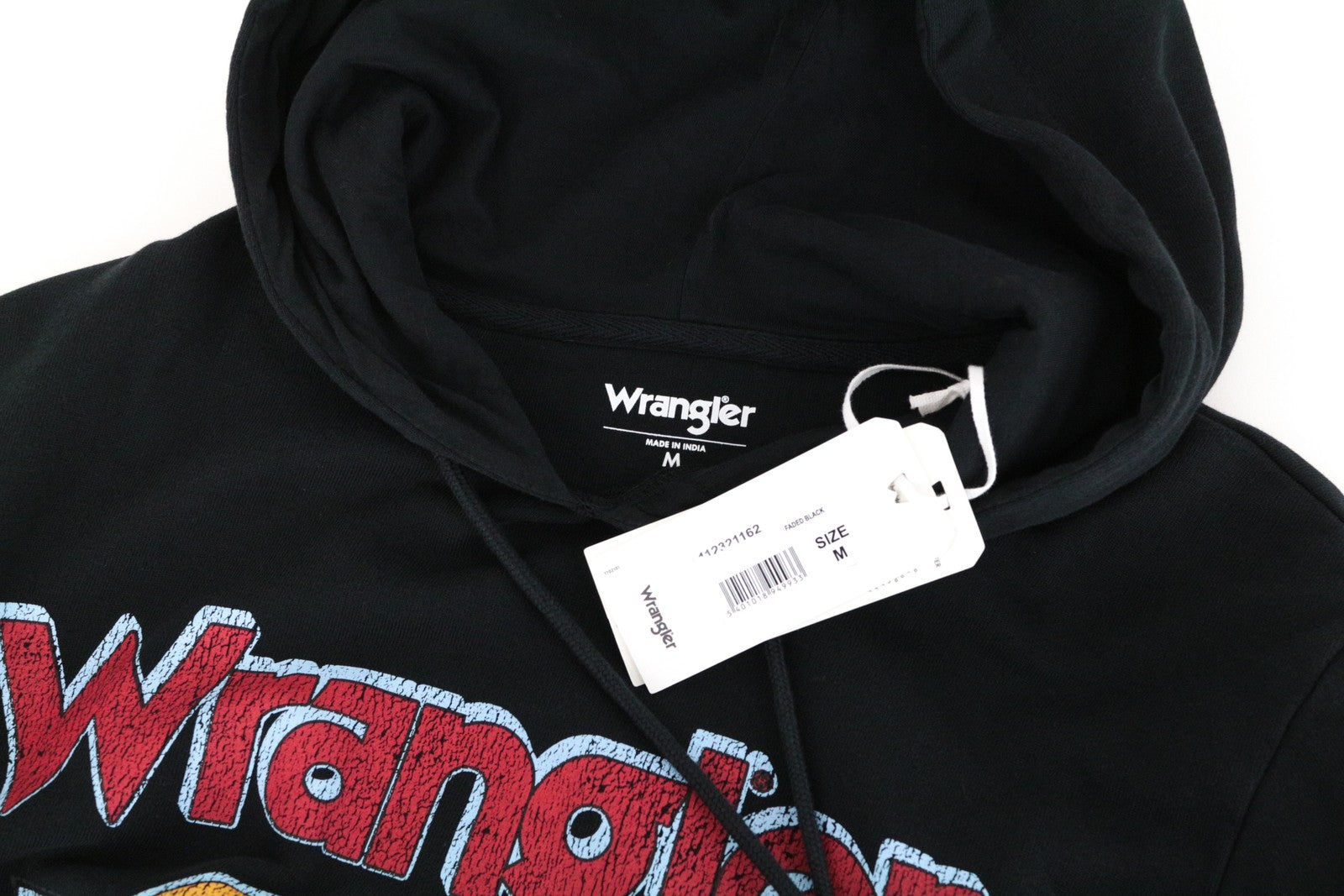 WRANGLER Men Sweatshirt M Black Pure Cotton Printed Logo Pull On Hoodie