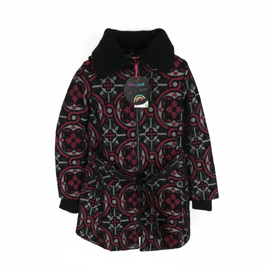 DESIGUAL Sagitario Women Coat ~38 M Red Grey Single-Breasted Zipped Belted Lined