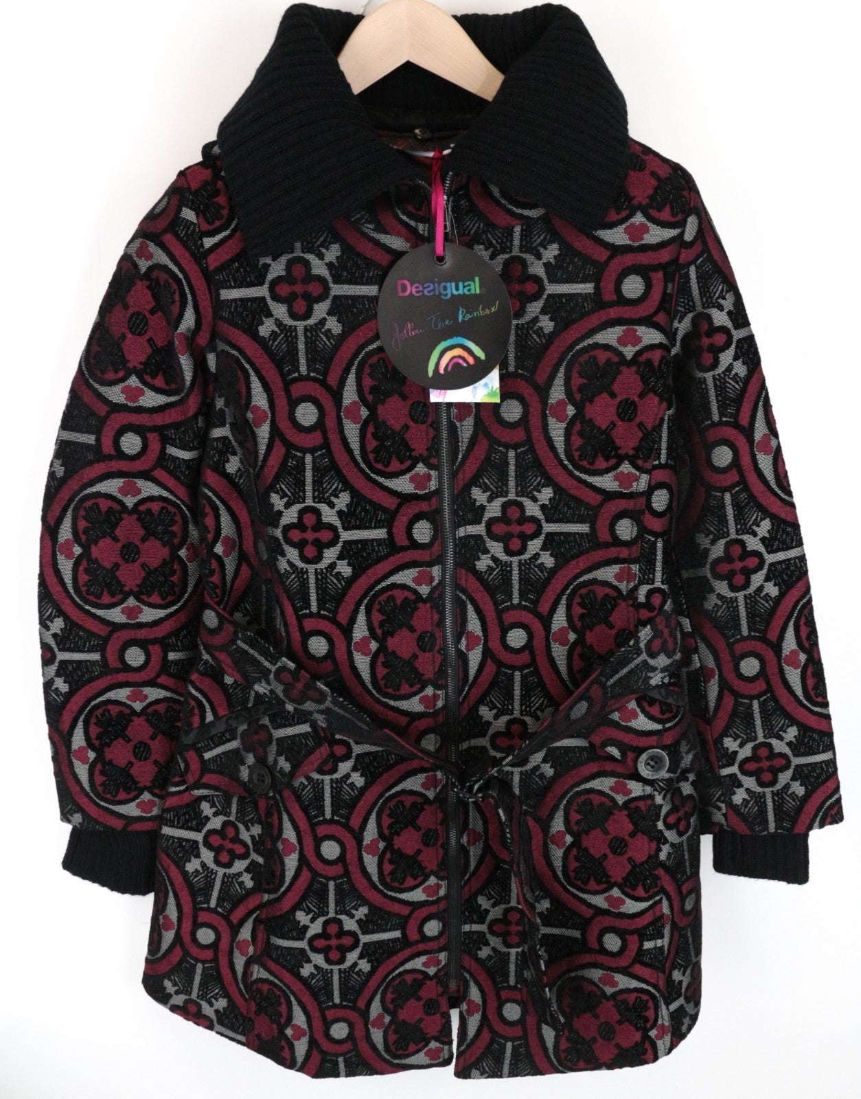 DESIGUAL Sagitario Women Coat ~38 M Red Grey Single-Breasted Zipped Belted Lined