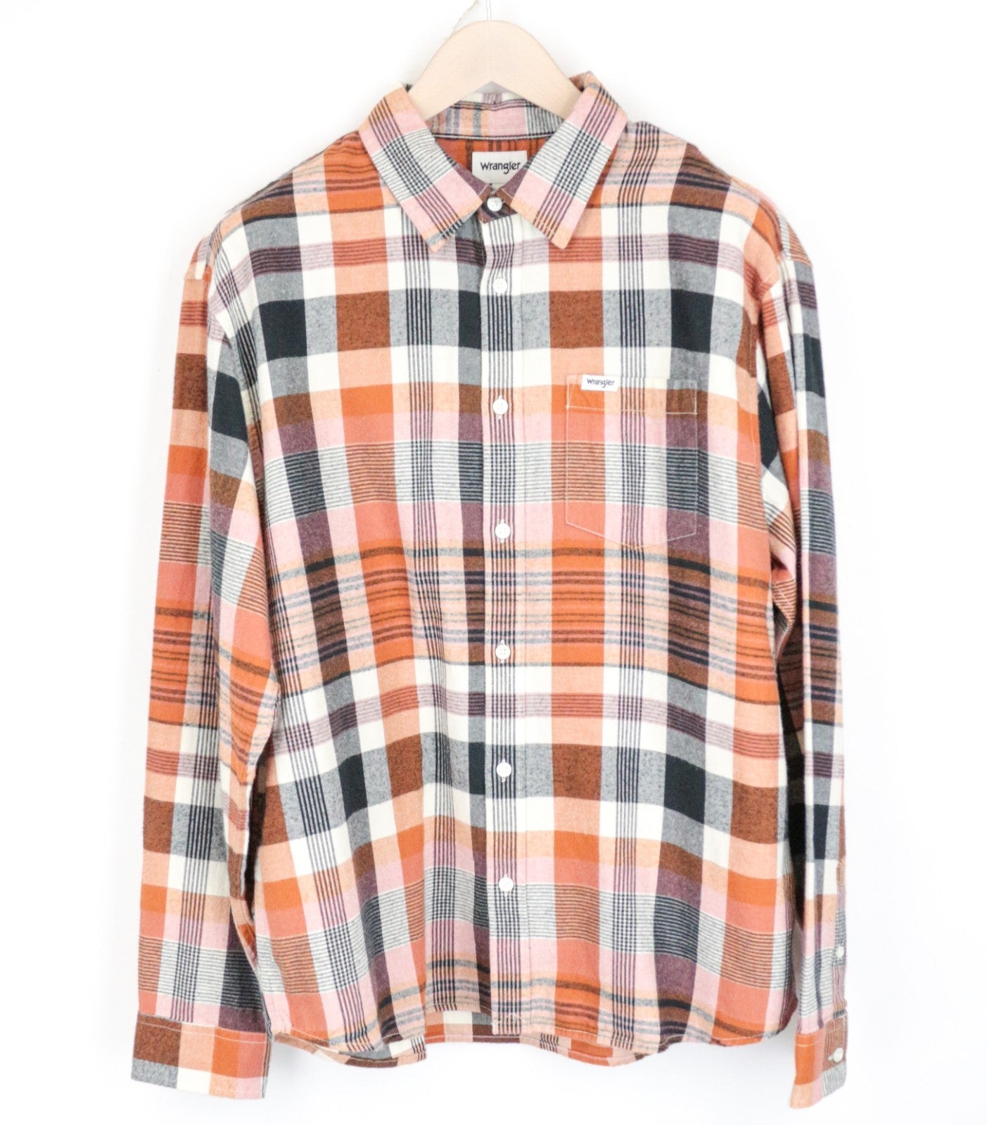 WRANGLER Men Shirt M Orange Pure Cotton Checked Long Sleeved Button-Up Flannel