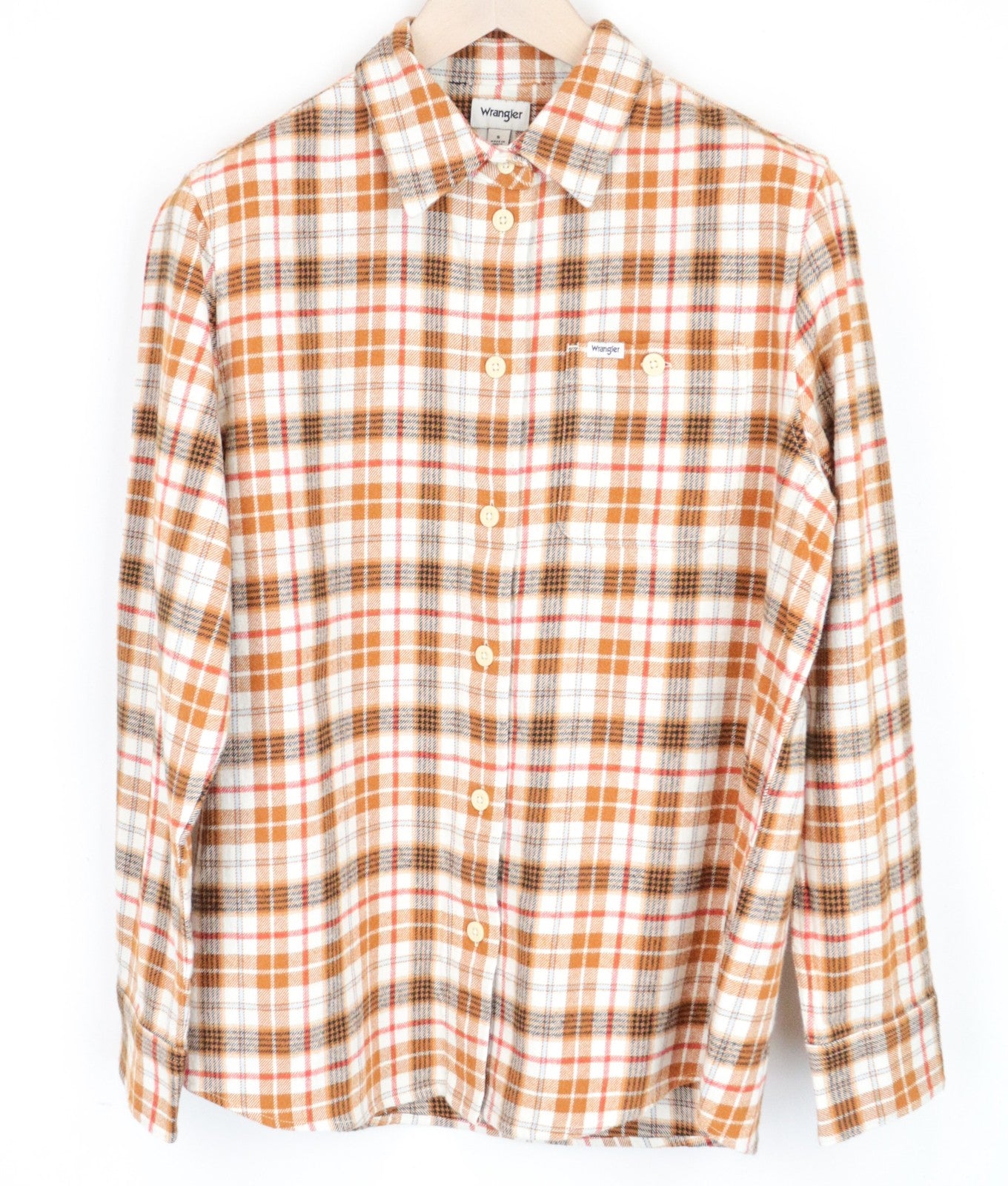 WRANGLER Men Shirt M Orange Pure Cotton Checked Long Sleeved Flannel Button-Up