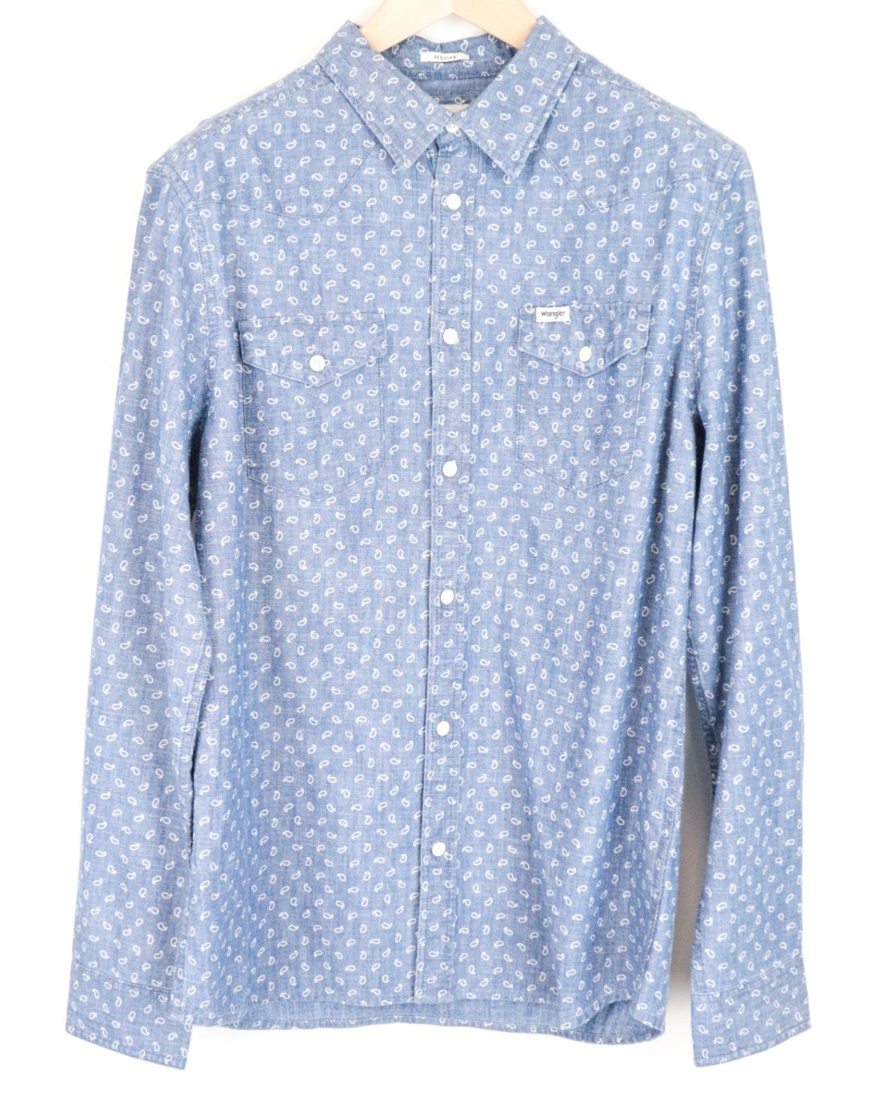 WRANGLER Men Shirt M Blue Pure Cotton Paisley Pattern Long Sleeved Button-Up