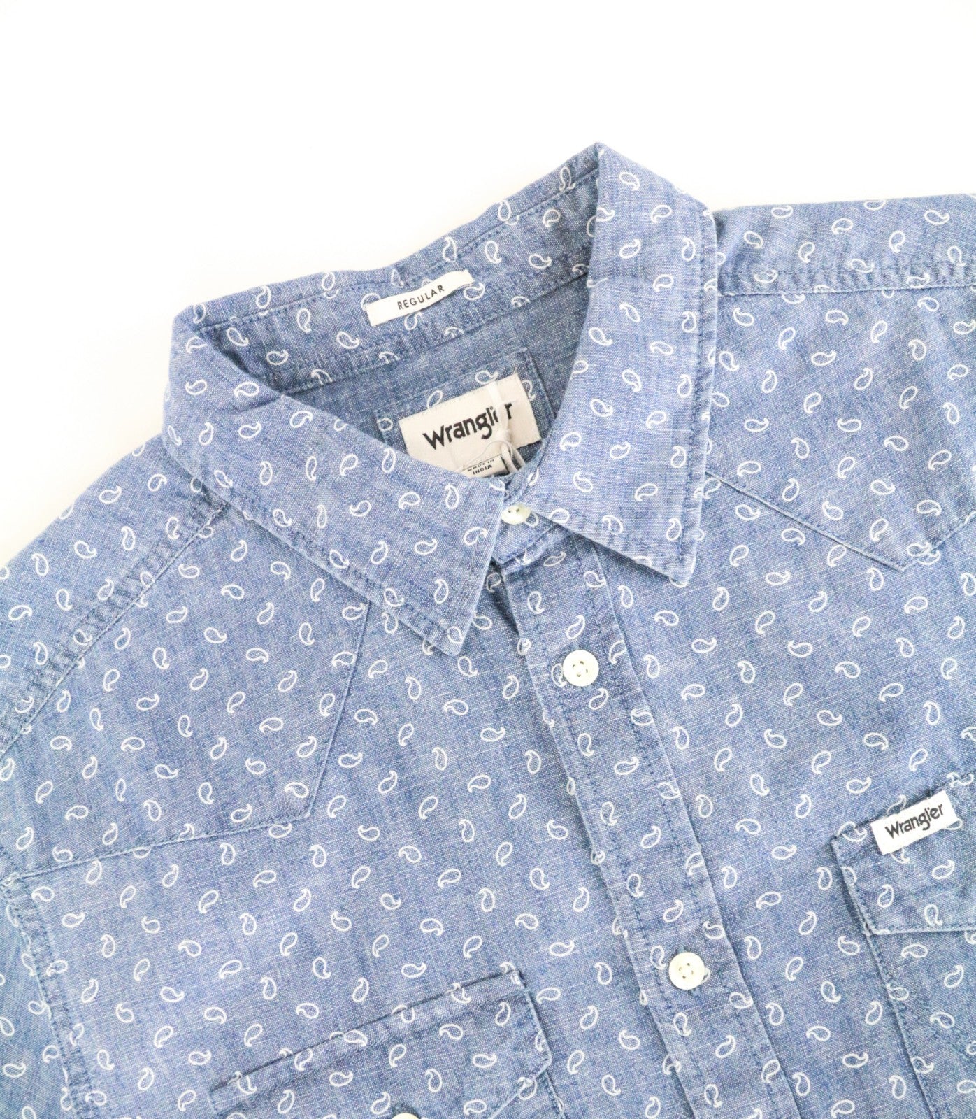 WRANGLER Men Shirt M Blue Pure Cotton Paisley Pattern Long Sleeved Button-Up