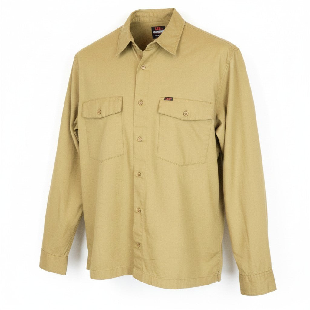 LEE Men Shirt M Khaki Green Pure Cotton Long Sleeved Button-Up Pocketed
