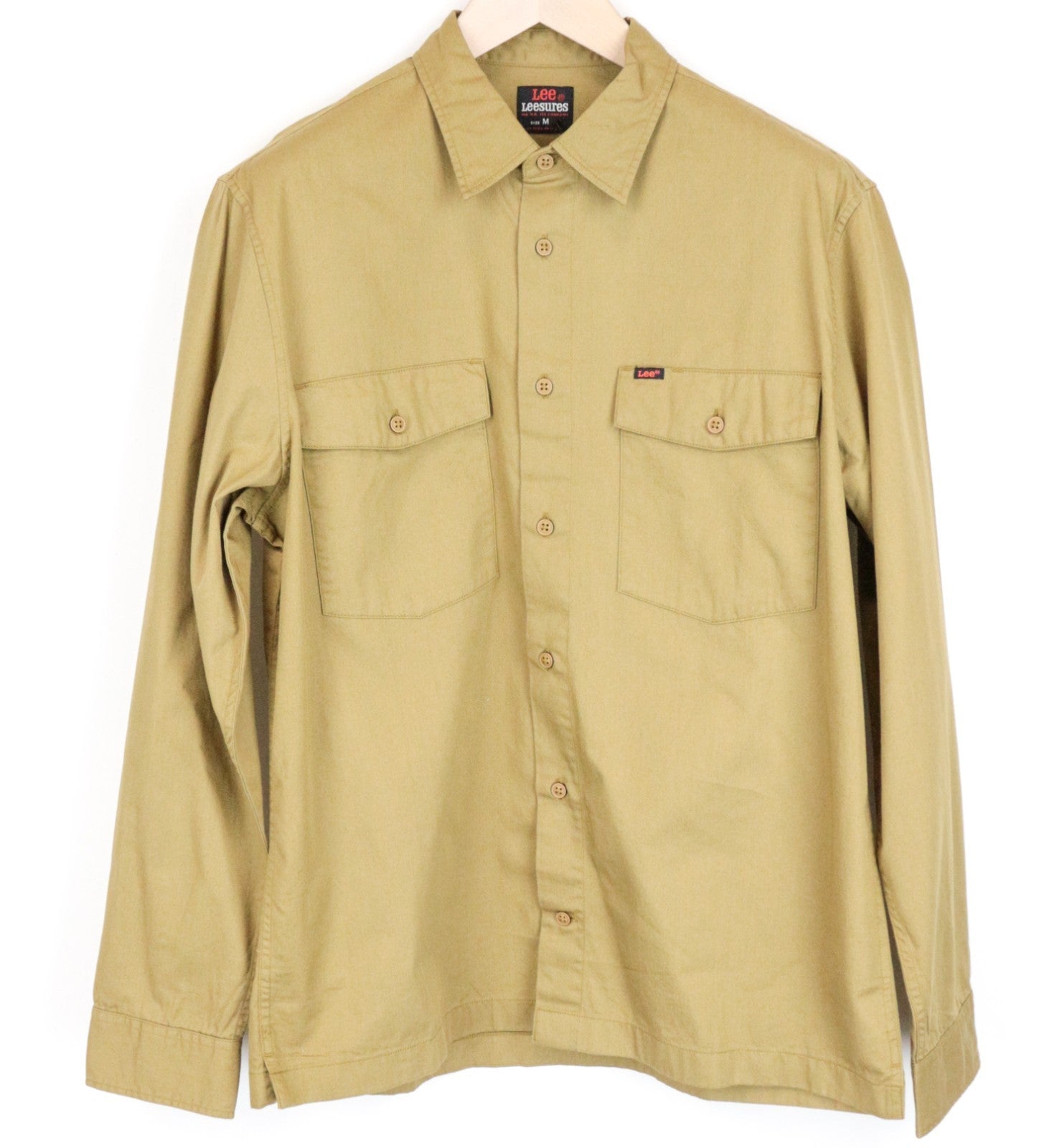 LEE Men Shirt M Khaki Green Pure Cotton Long Sleeved Button-Up Pocketed