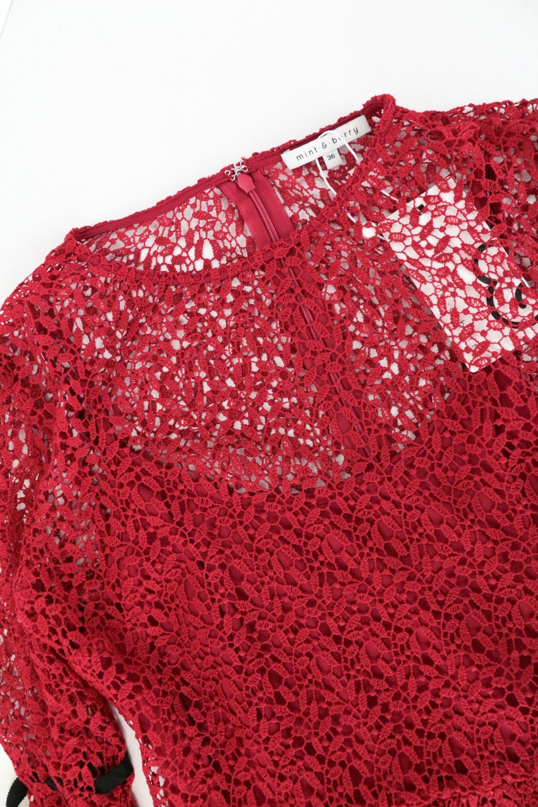 MINT & BERRY Women Dress UK8 Red Long Sleeved Lined Lace Below Knee Layered