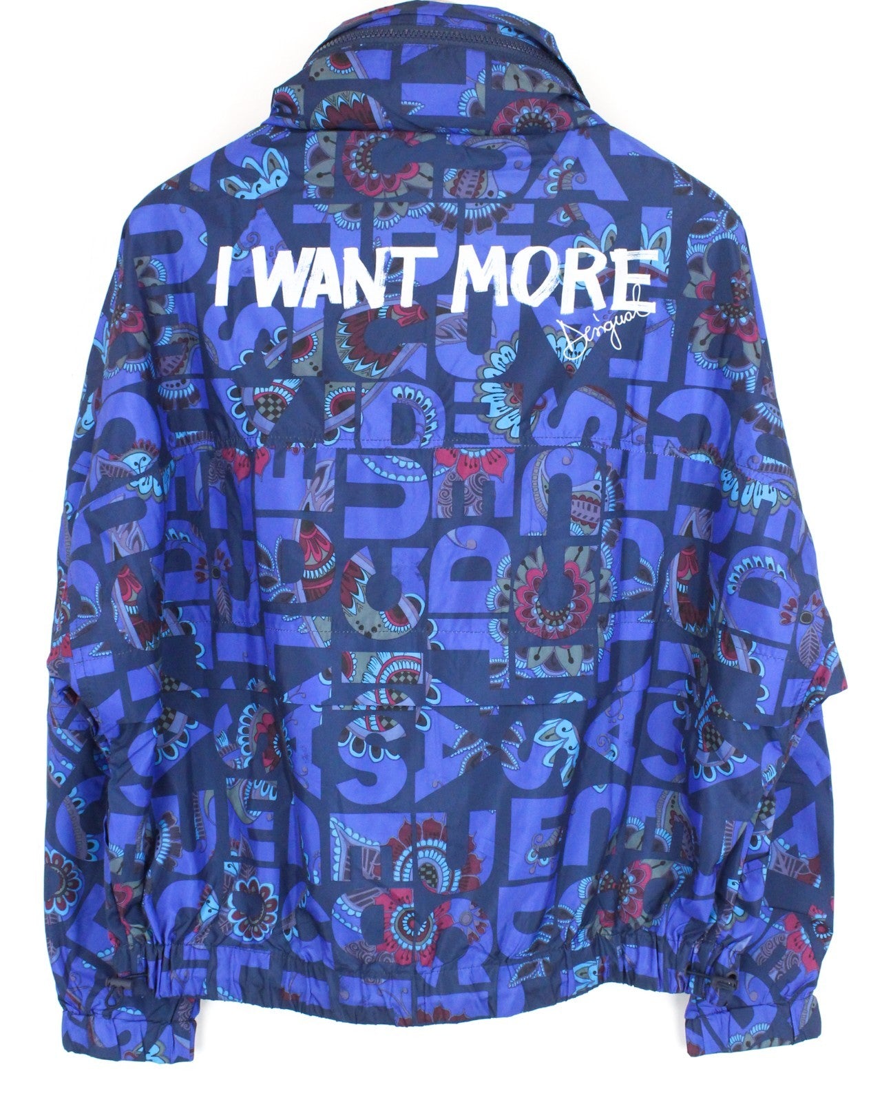 DESIGUAL Chaq Lex Women Jacket 40 Hidden Hood Logo Abstract Print Blue Short