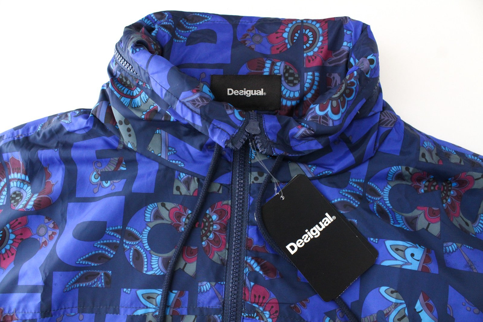 DESIGUAL Chaq Lex Women Jacket 40 Hidden Hood Logo Abstract Print Blue Short