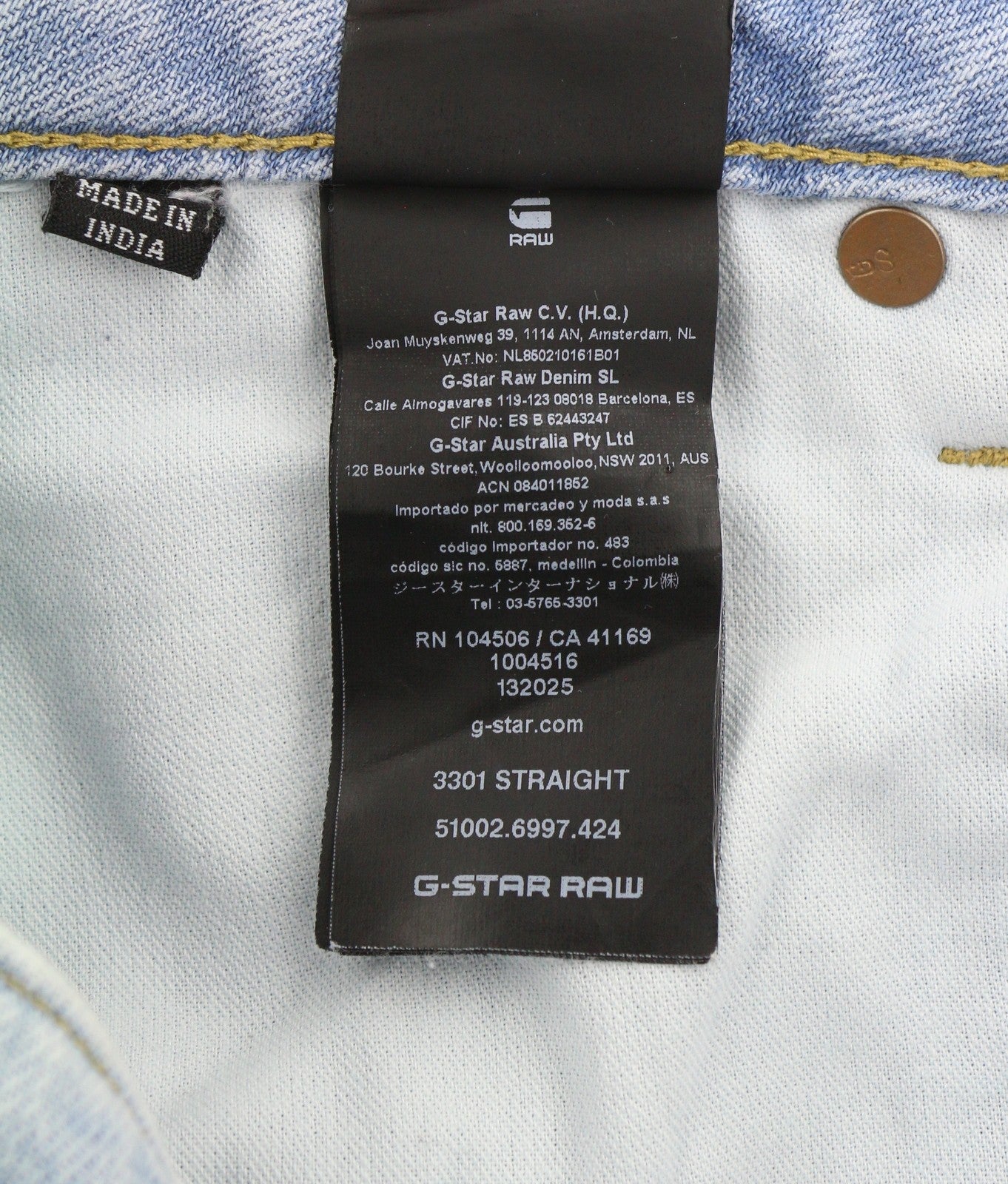 G-STAR 3301 Straight Men Jeans W29/L32 Blue Whiskers Faded Button Fly