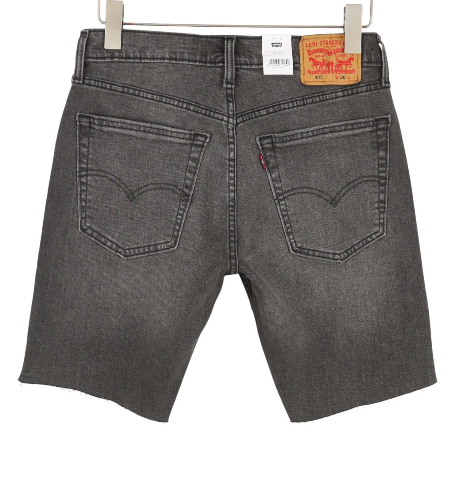 LEVI'S 405 Standard Men Shorts W30 Black Whiskers Faded Stretch Distress Denim