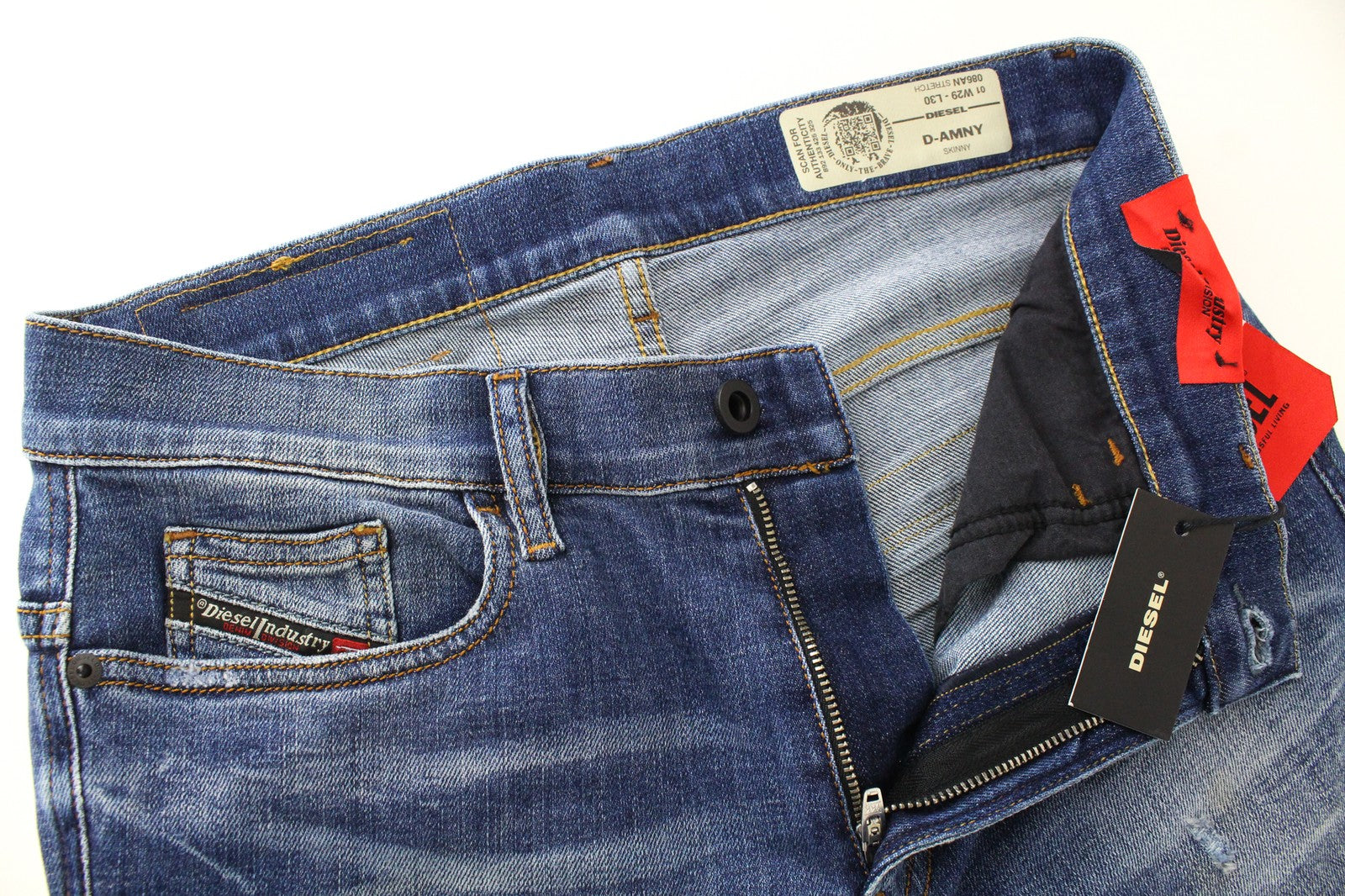 DIESEL D-Amny 086AN Men Jeans W29/L30 Skinny Fit Washed Blue Distressed Stretch