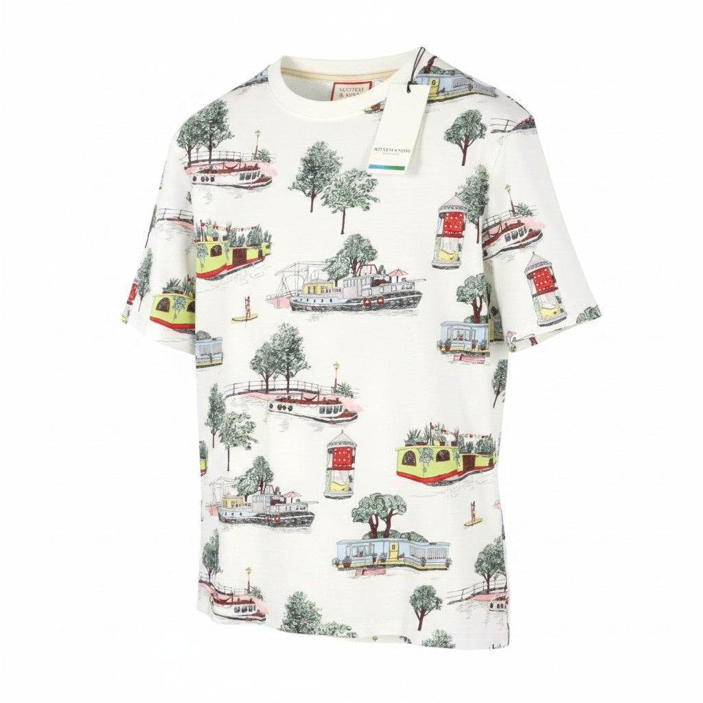 SCOTCH & SODA Men T-Shirt M White Canal Boats Print Crew Neck Short Sleeve