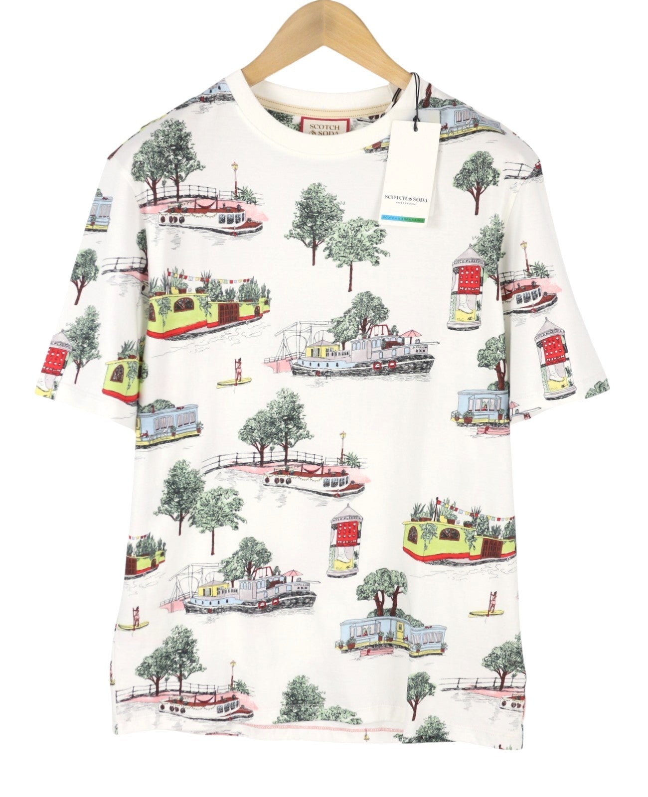 SCOTCH & SODA Men T-Shirt M White Canal Boats Print Crew Neck Short Sleeve