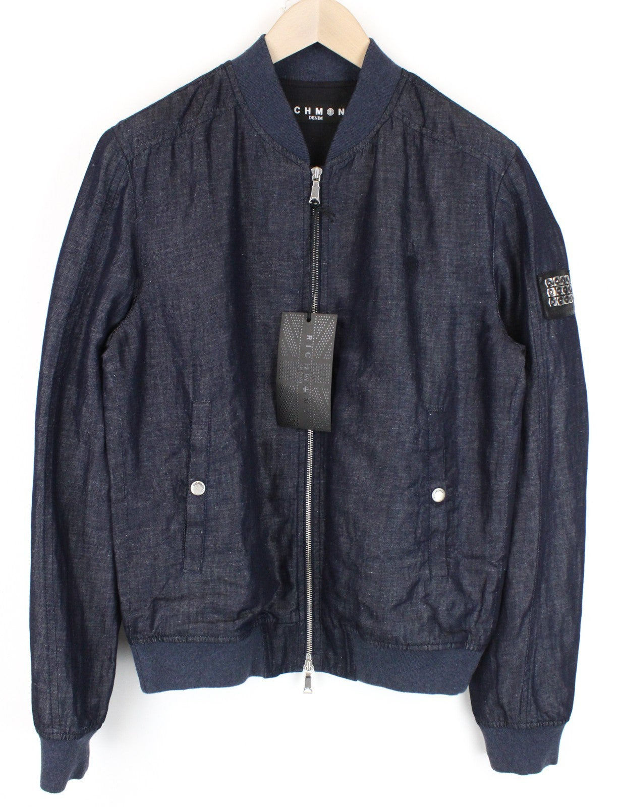 RICHMOND Denim Men Jacket 48 Dark Blue Zip-Up Linen Blend Chambray Style Bomber